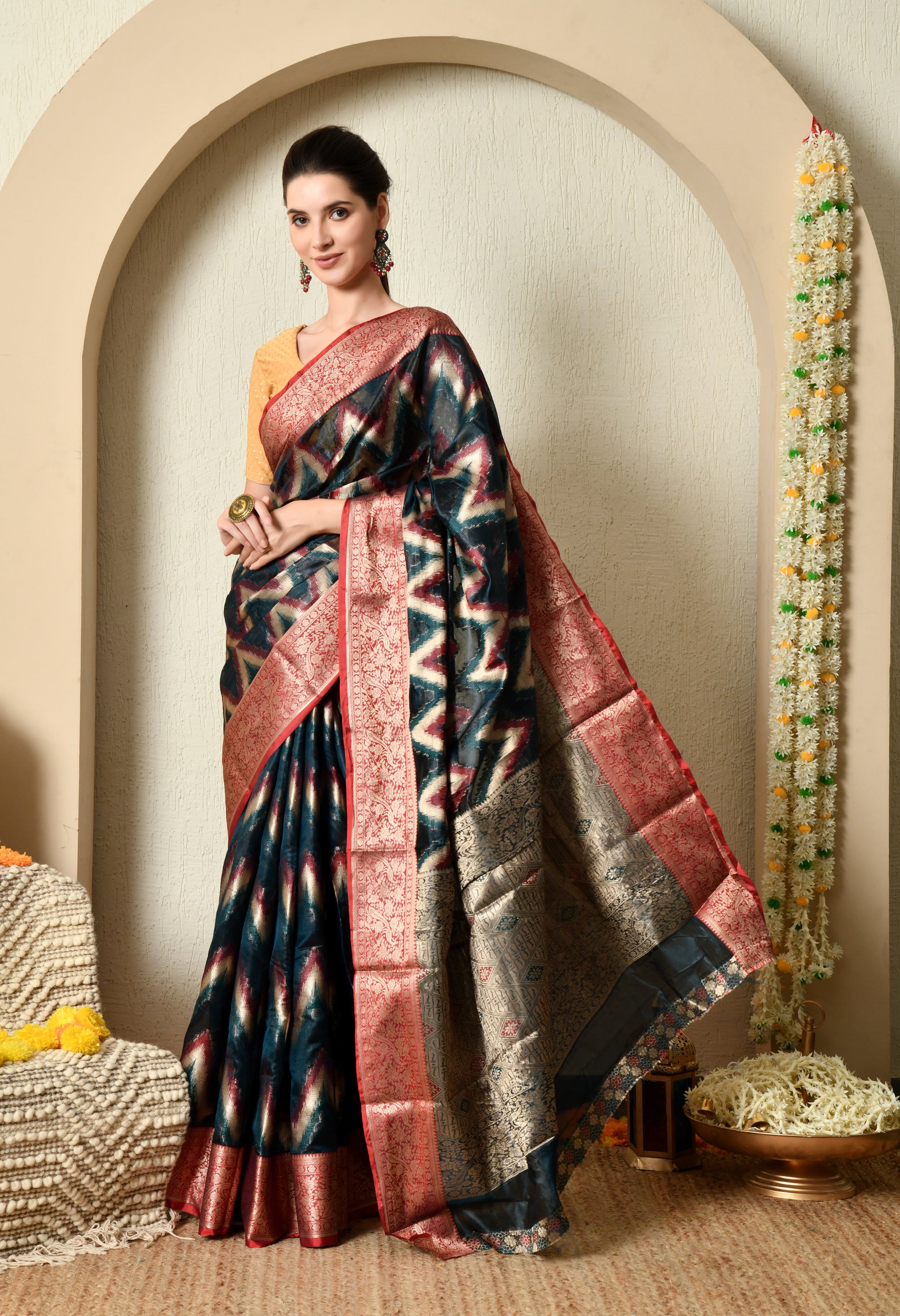 Teal Blue Organza Saree with Red Border