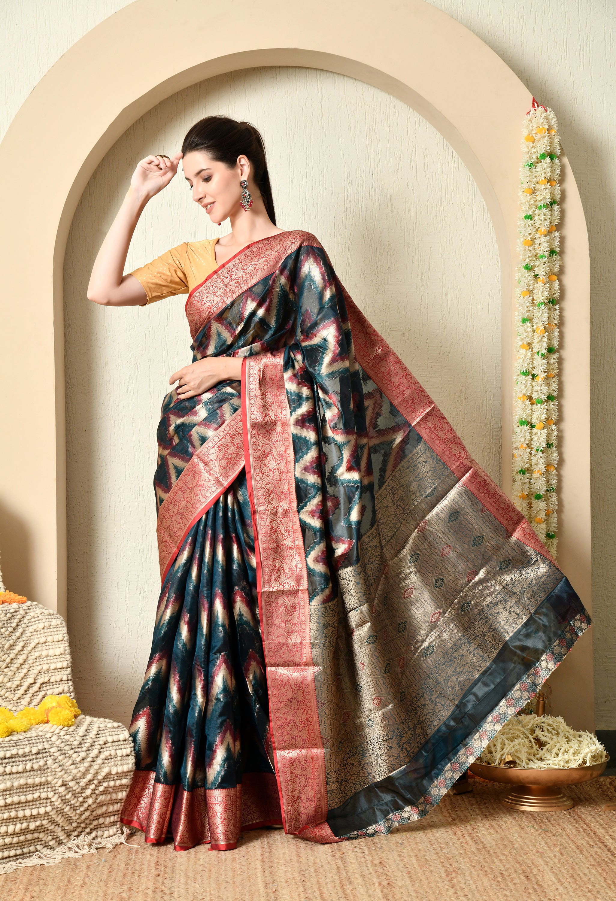 Teal Blue Organza Saree with Red Border