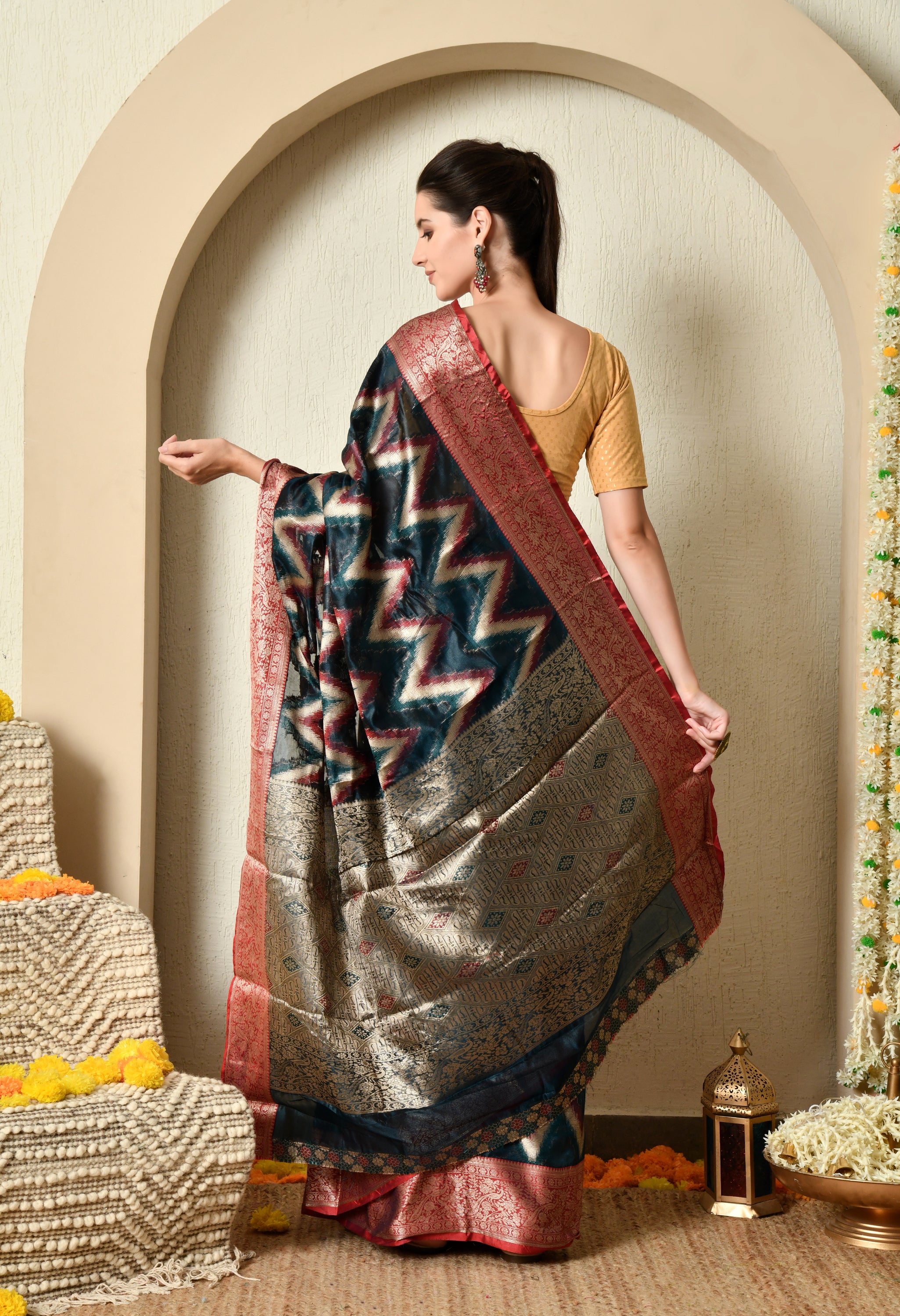 Teal Blue Organza Saree with Red Border