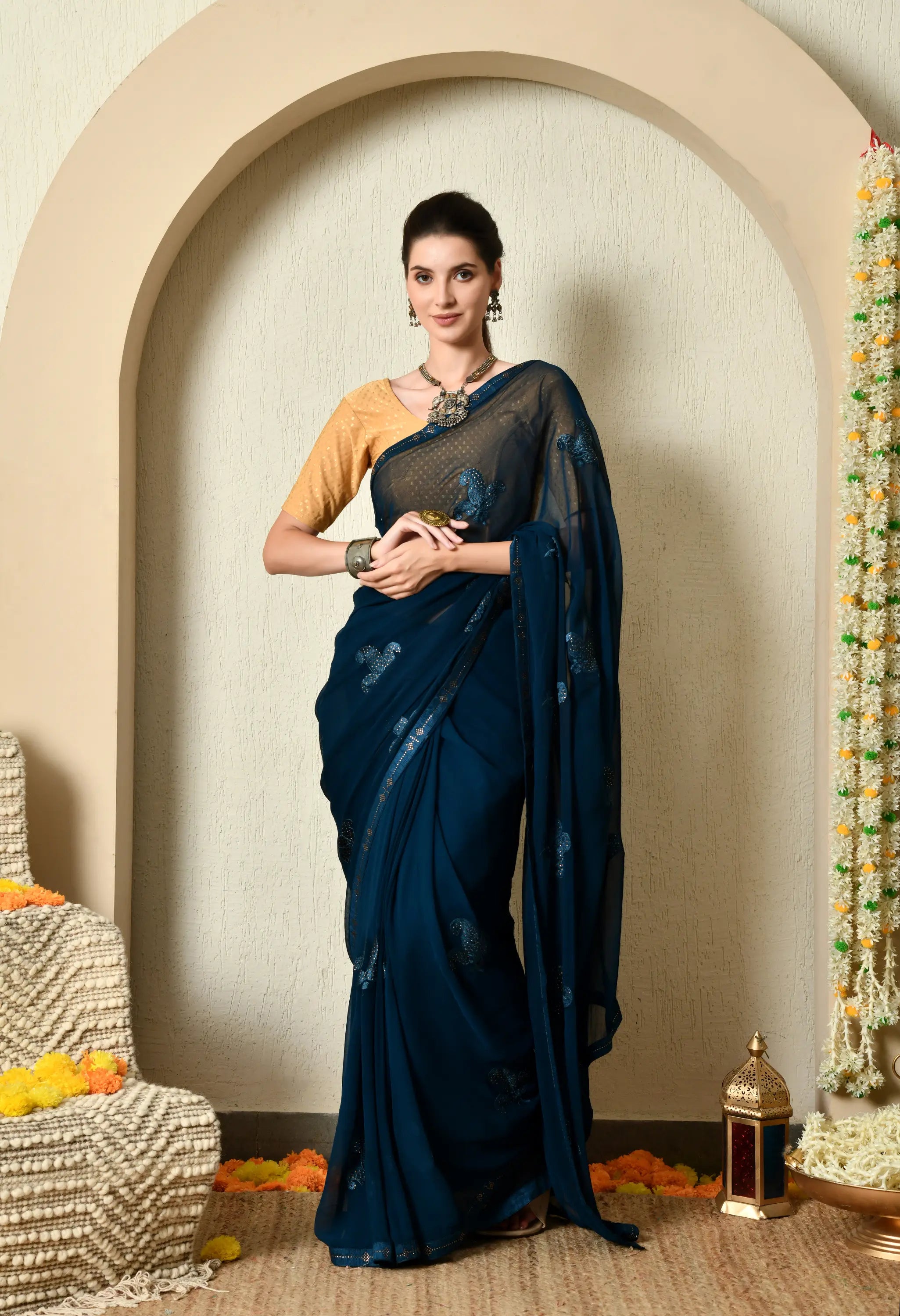 Sapphire Blue Chiffon with Classy Embroidery