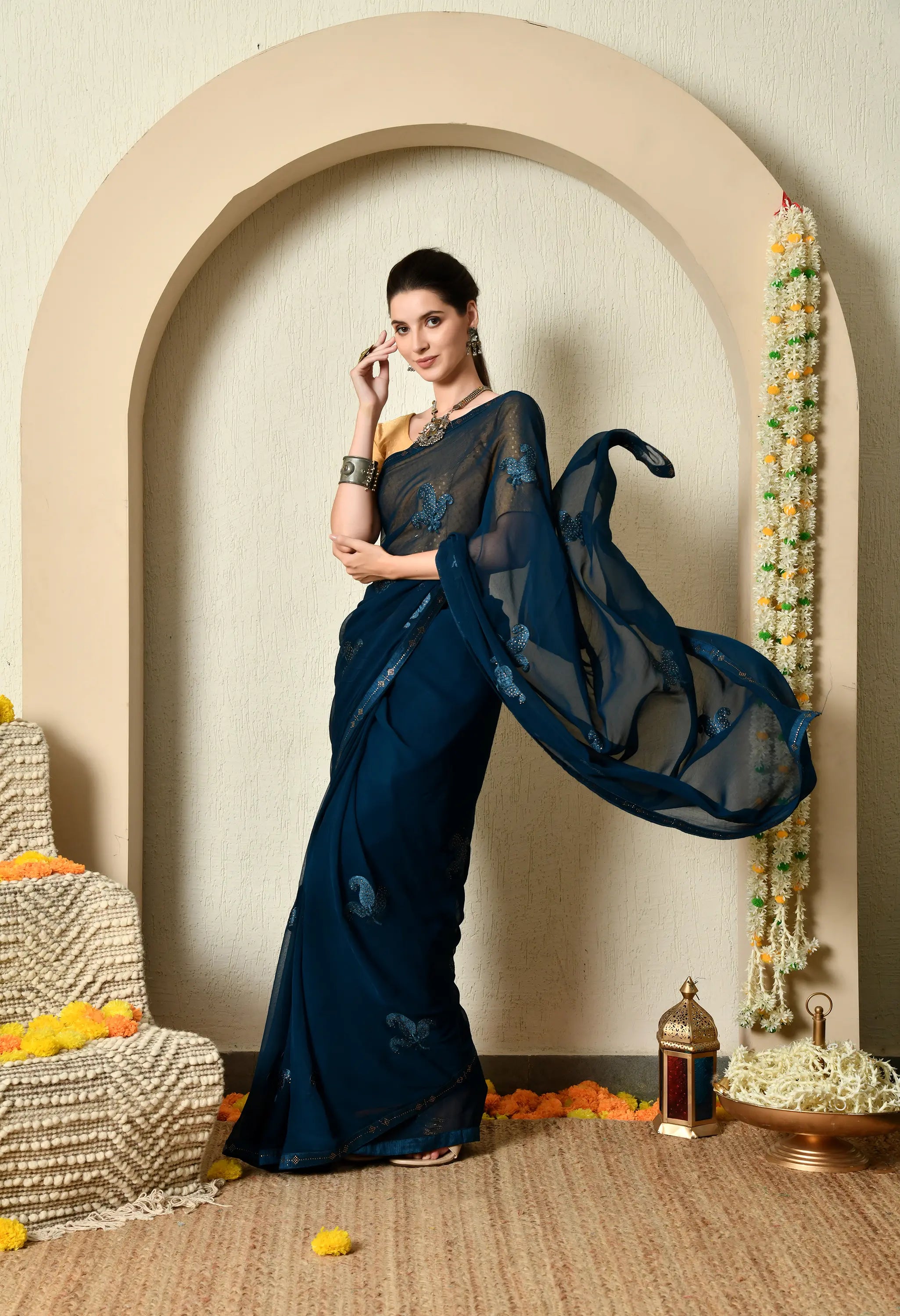 Sapphire Blue Chiffon with Classy Embroidery