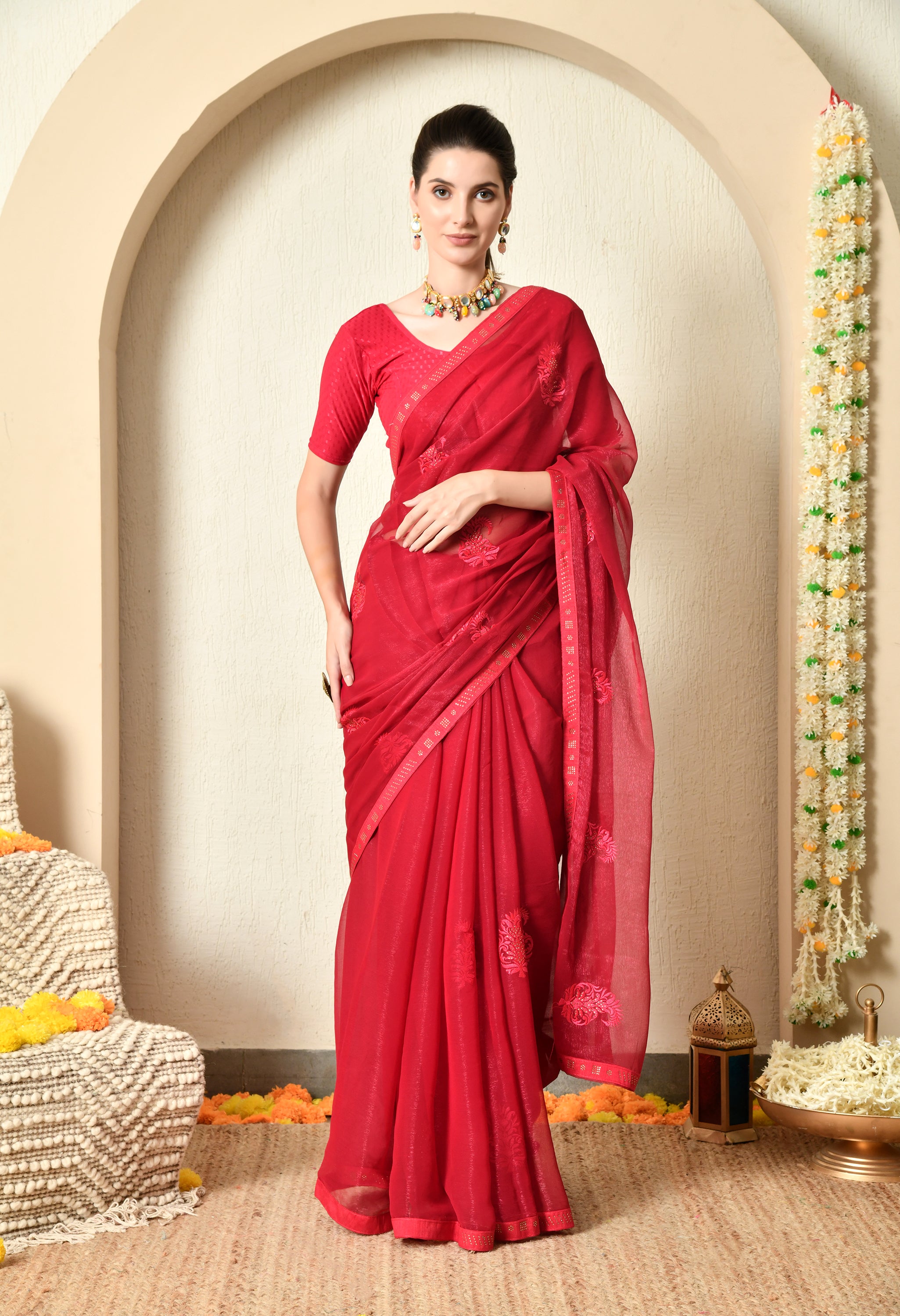 Maroon with Embroidery Jimmy Chiffon Saree