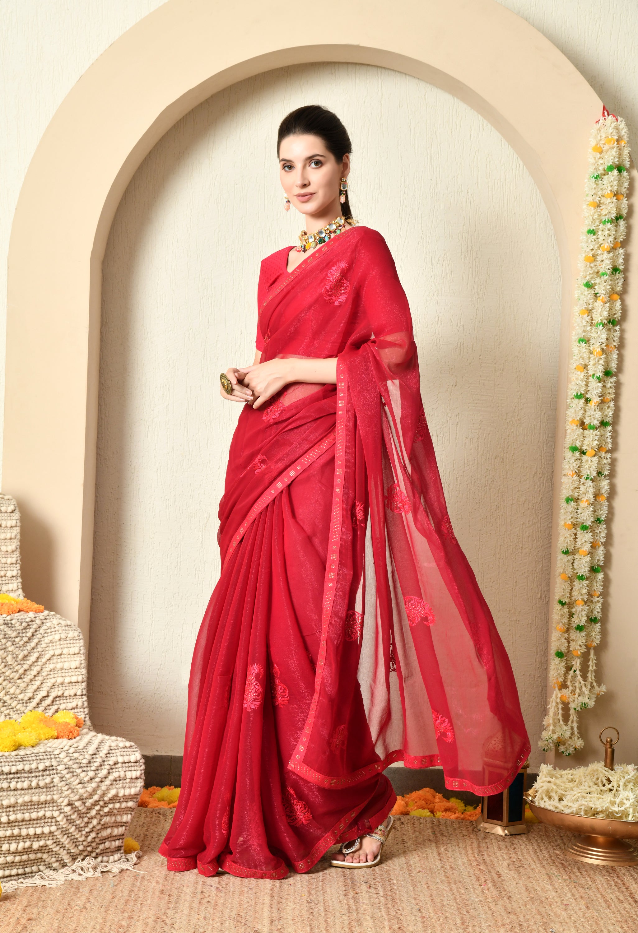 Maroon with Embroidery Jimmy Chiffon Saree