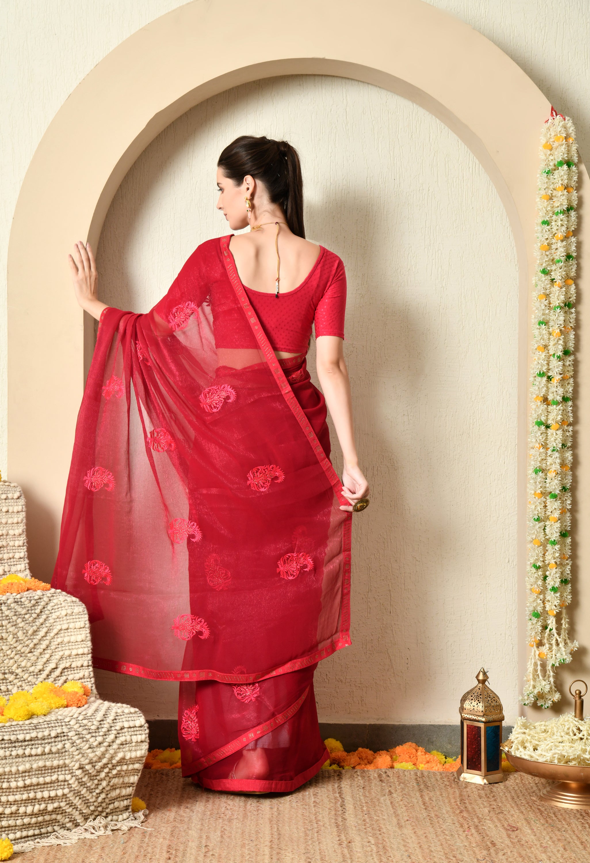 Maroon with Embroidery Jimmy Chiffon Saree