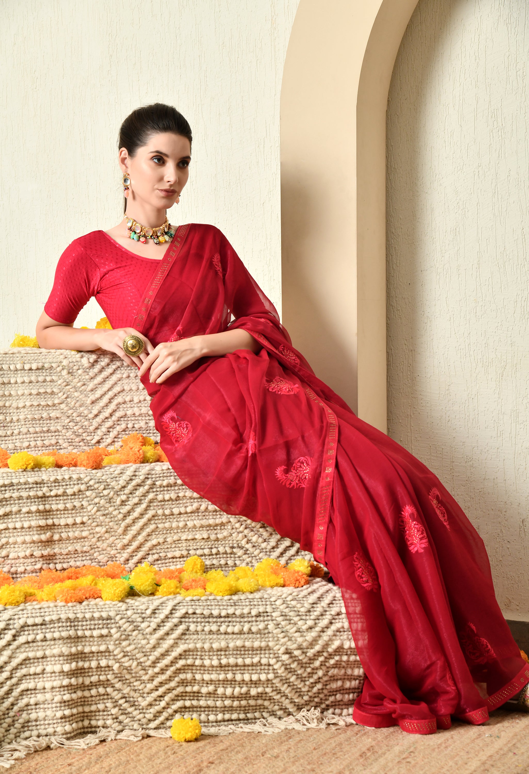 Maroon with Embroidery Jimmy Chiffon Saree