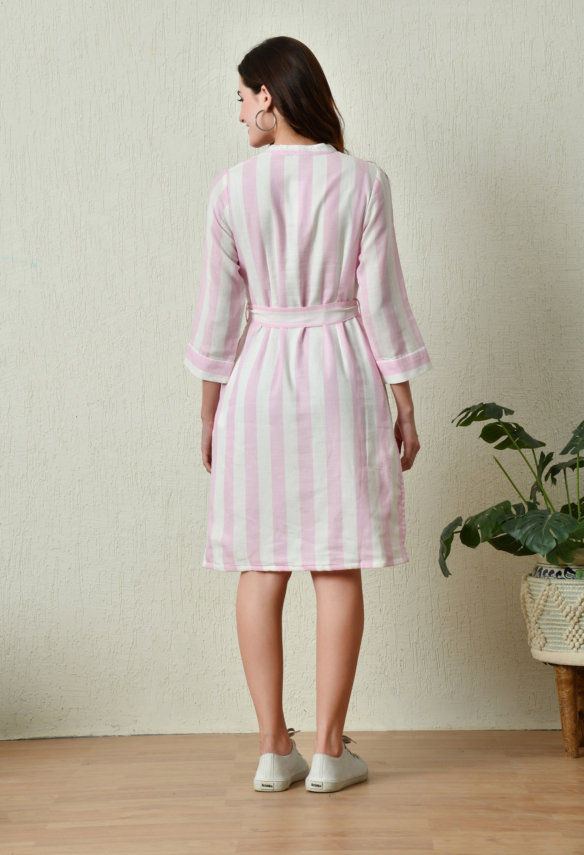 Pink & White Stripe Cotton Full Sleeve Dress (with Pocket)