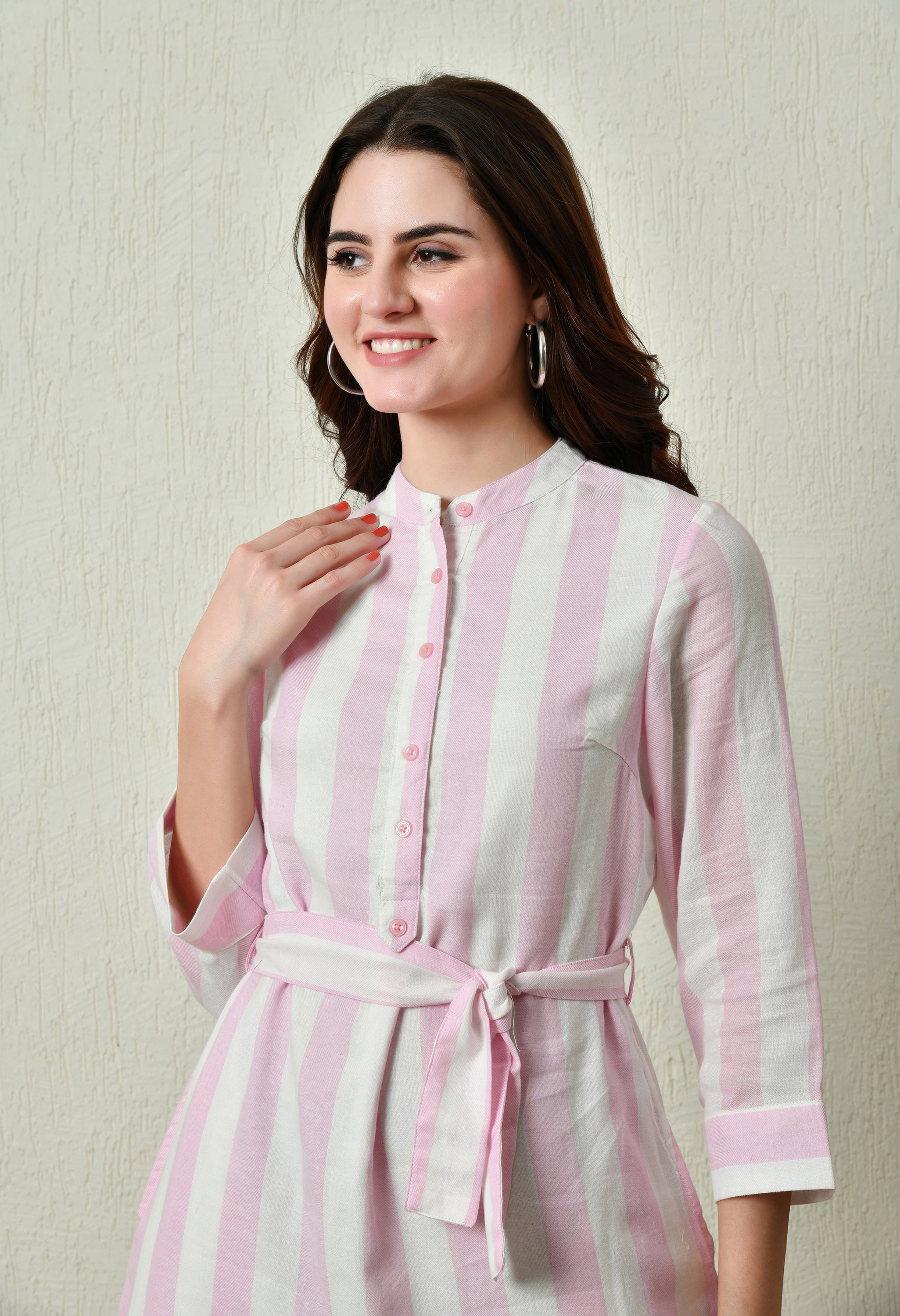 Pink & White Stripe Cotton Full Sleeve Dress (with Pocket)