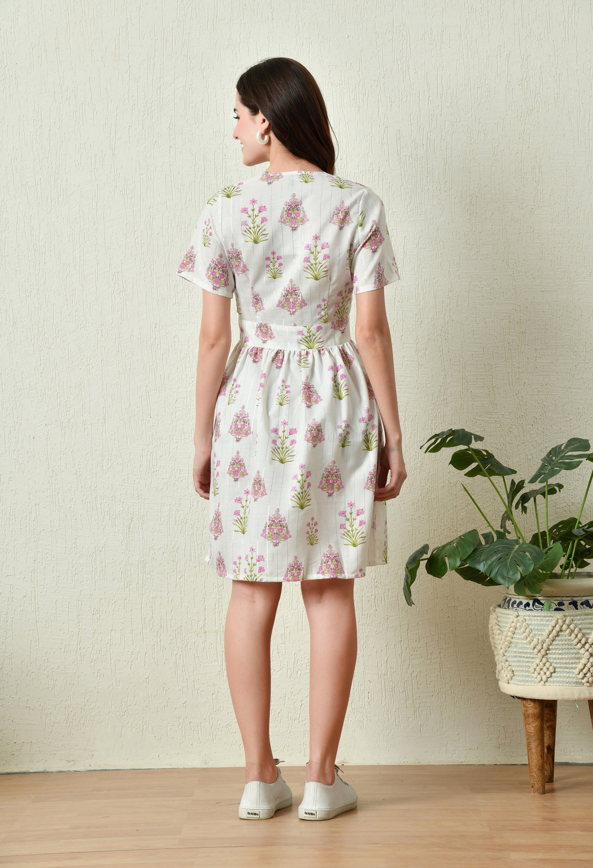 White with Pink Floral Cotton Summer Dress  (with Pocket)