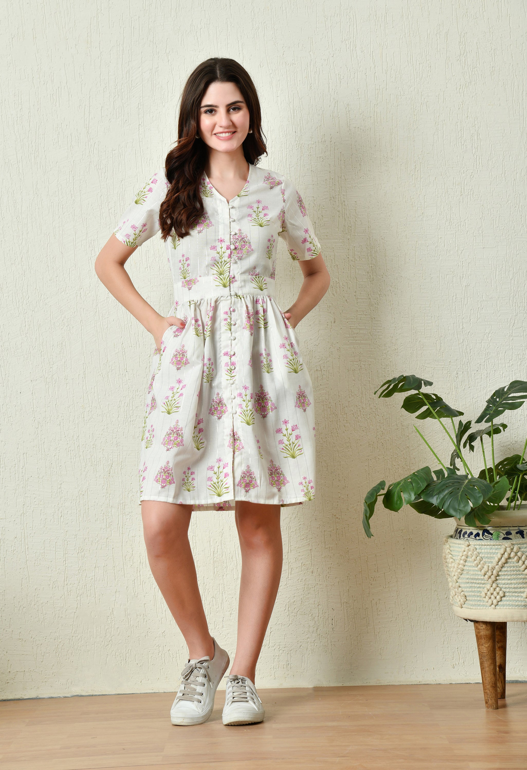 White with Pink Floral Cotton Summer Dress  (with Pocket)