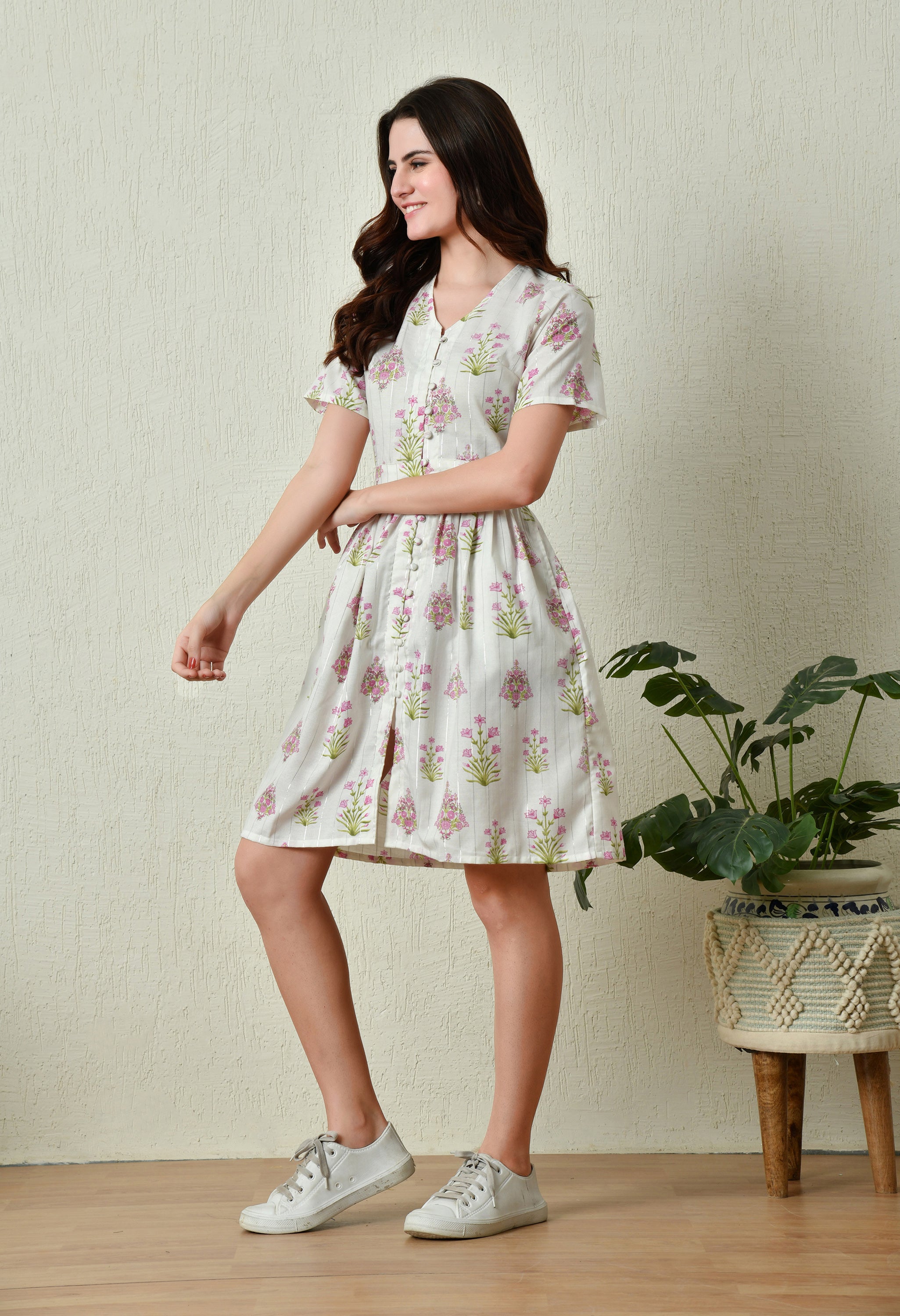 White with Pink Floral Cotton Summer Dress  (with Pocket)