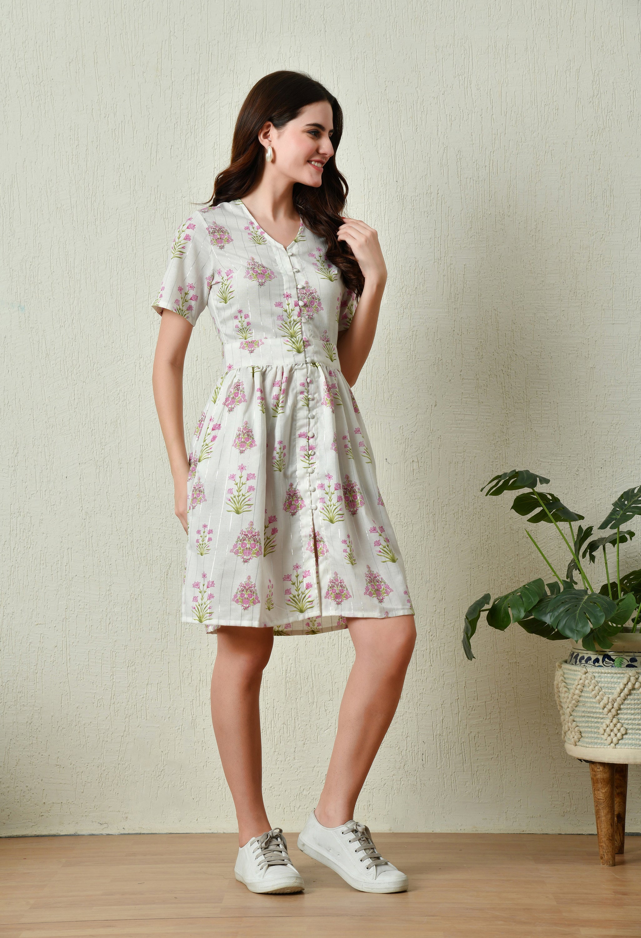 White with Pink Floral Cotton Summer Dress  (with Pocket)