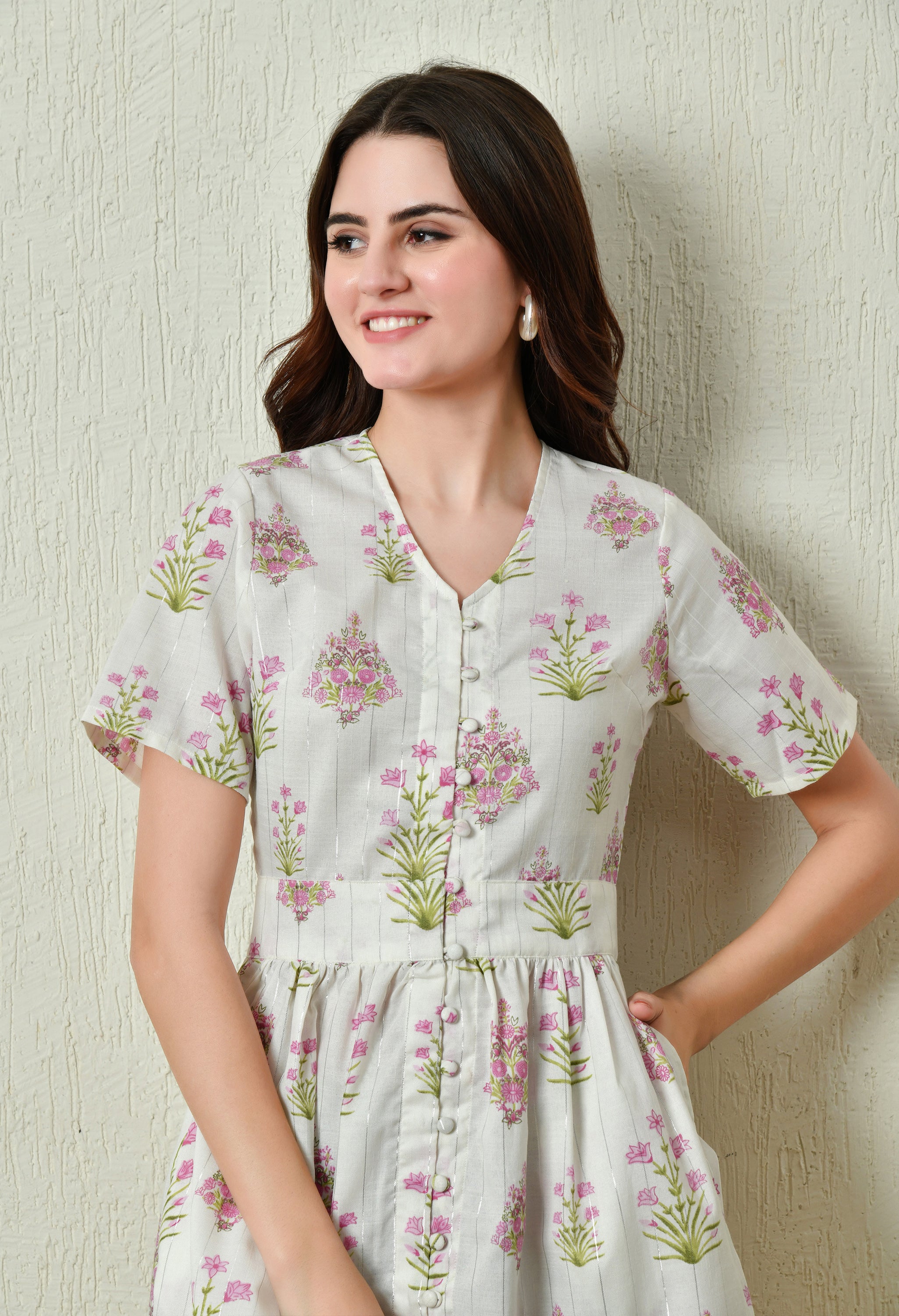 White with Pink Floral Cotton Summer Dress  (with Pocket)