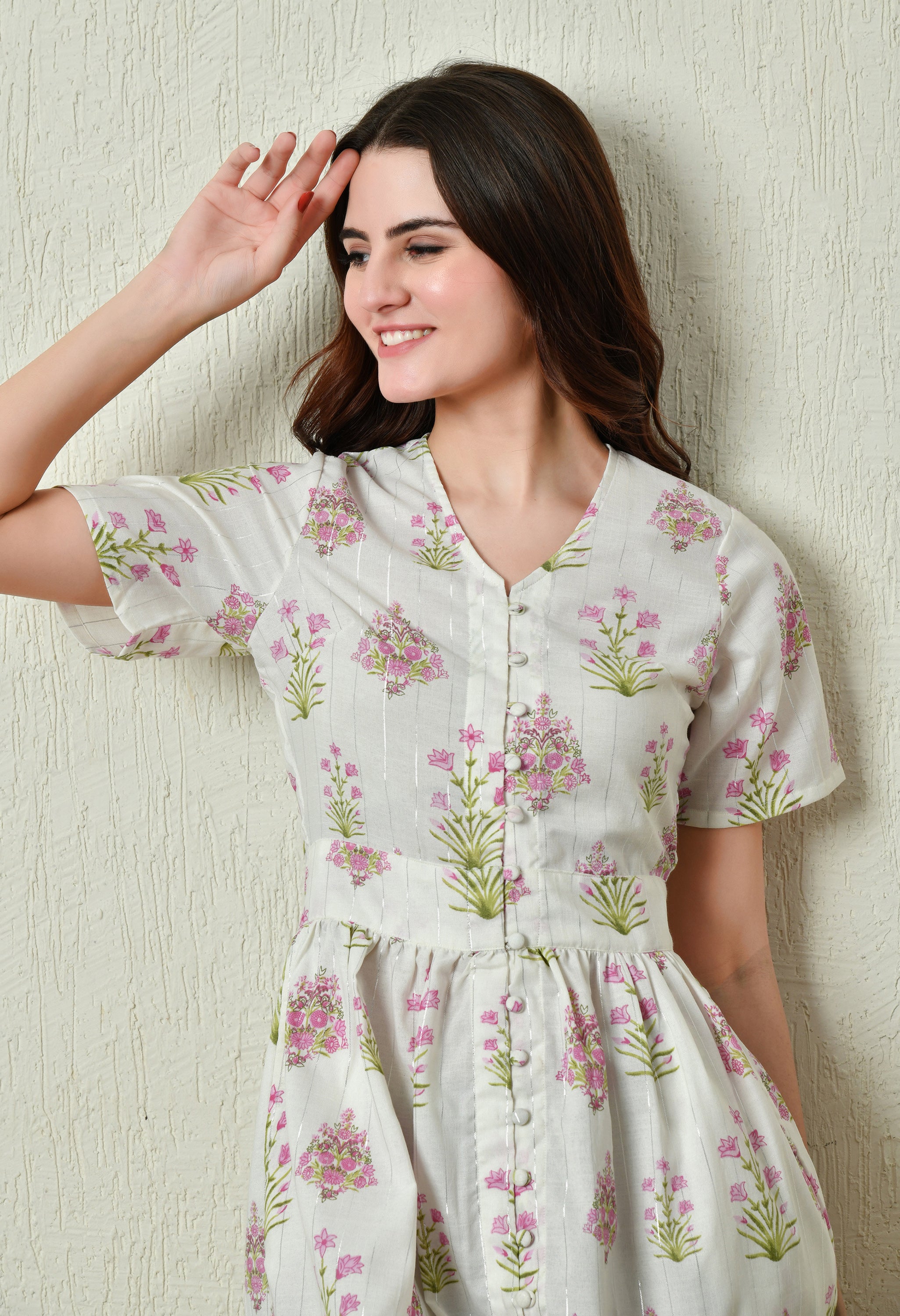 White with Pink Floral Cotton Summer Dress  (with Pocket)