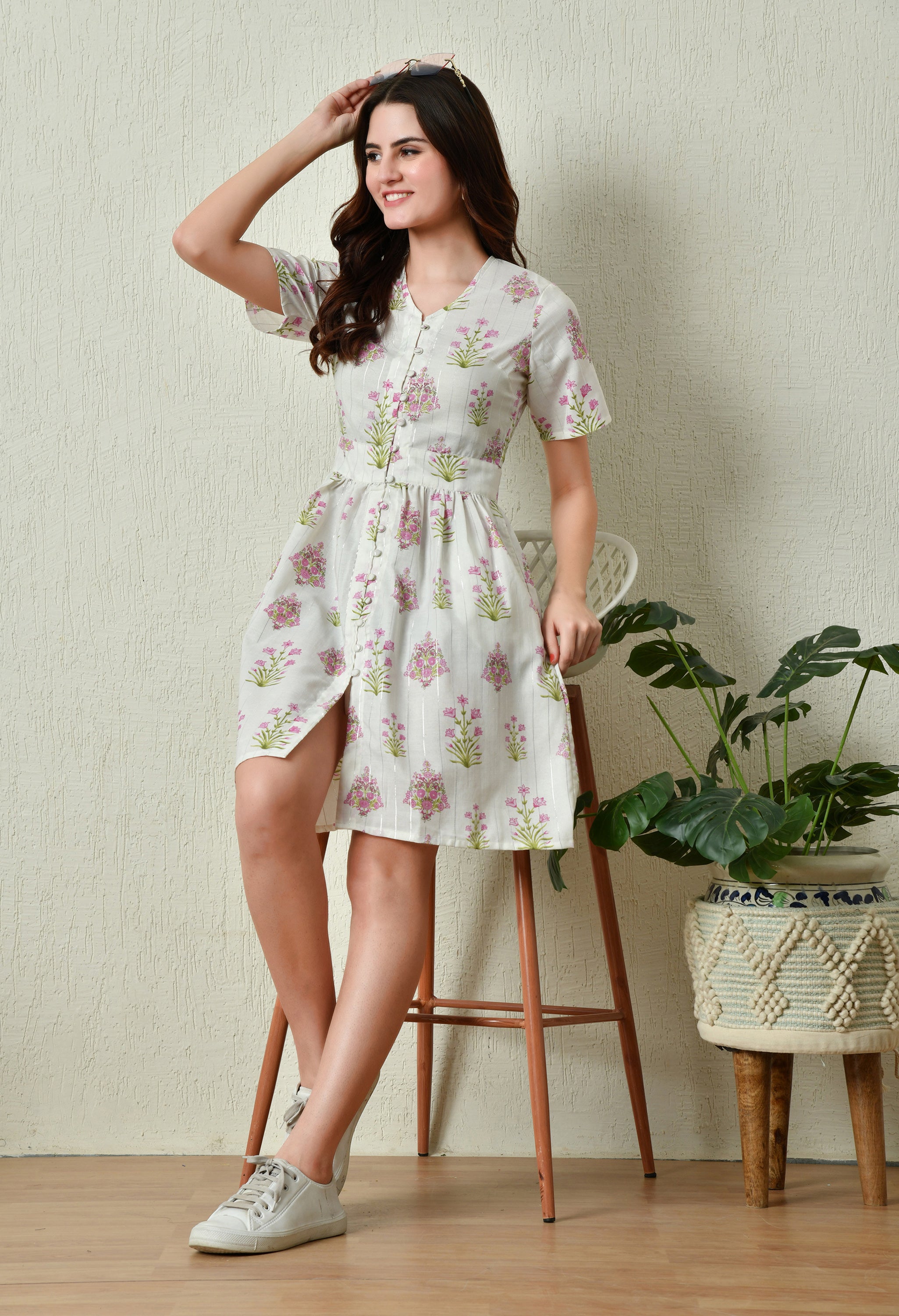 White with Pink Floral Cotton Summer Dress  (with Pocket)