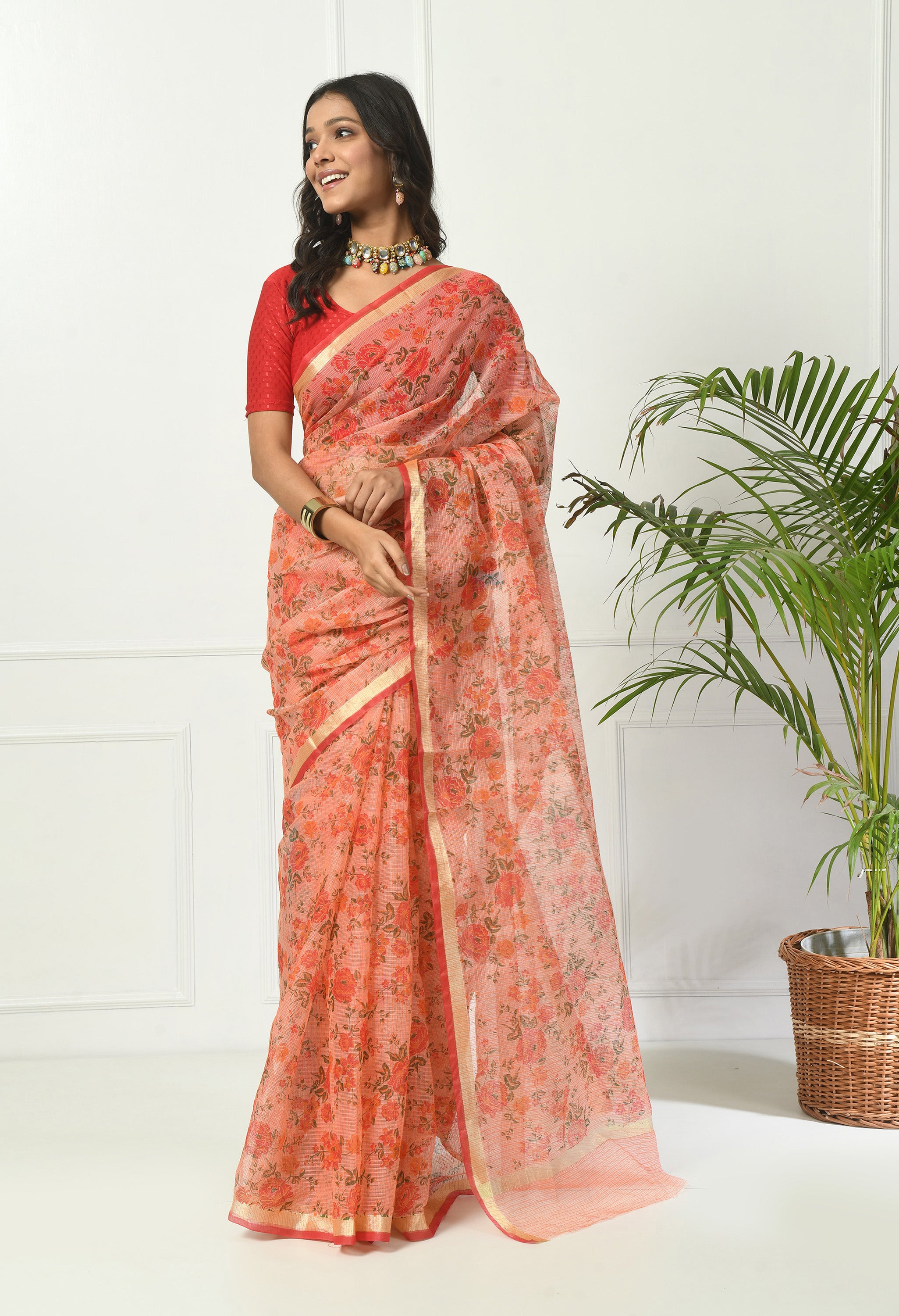 Orange Floral Cotton Saree