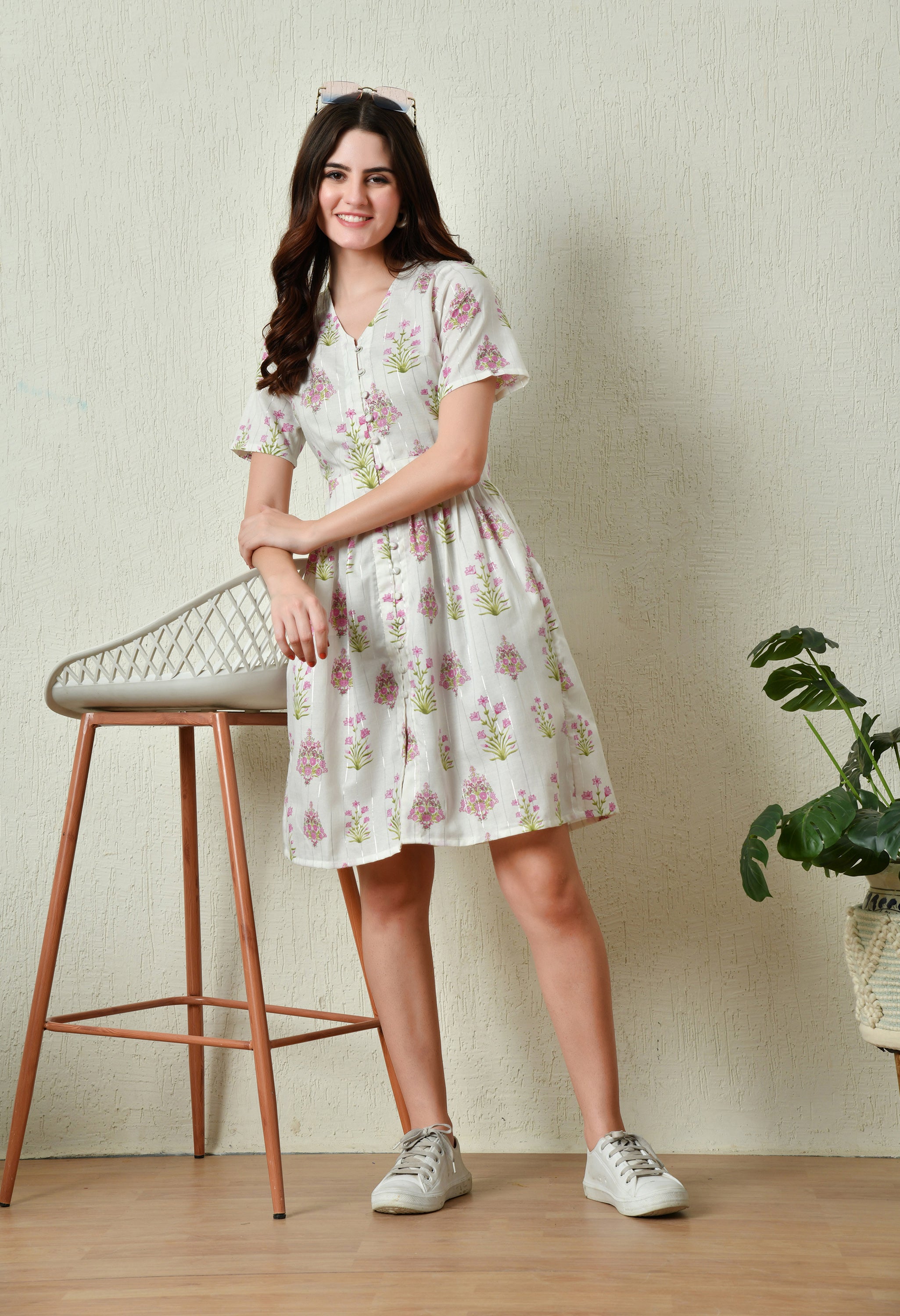 White with Pink Floral Cotton Summer Dress  (with Pocket)