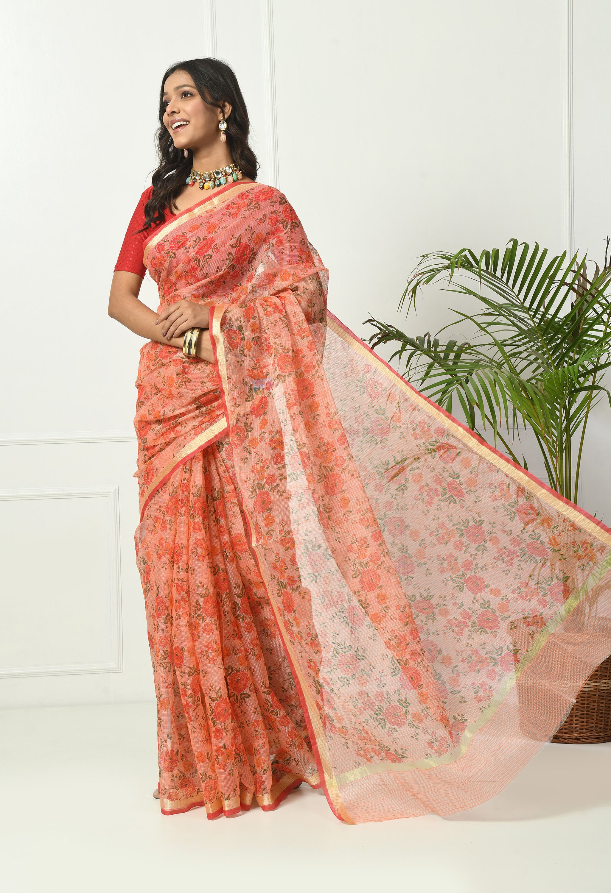 Orange Floral Cotton Saree