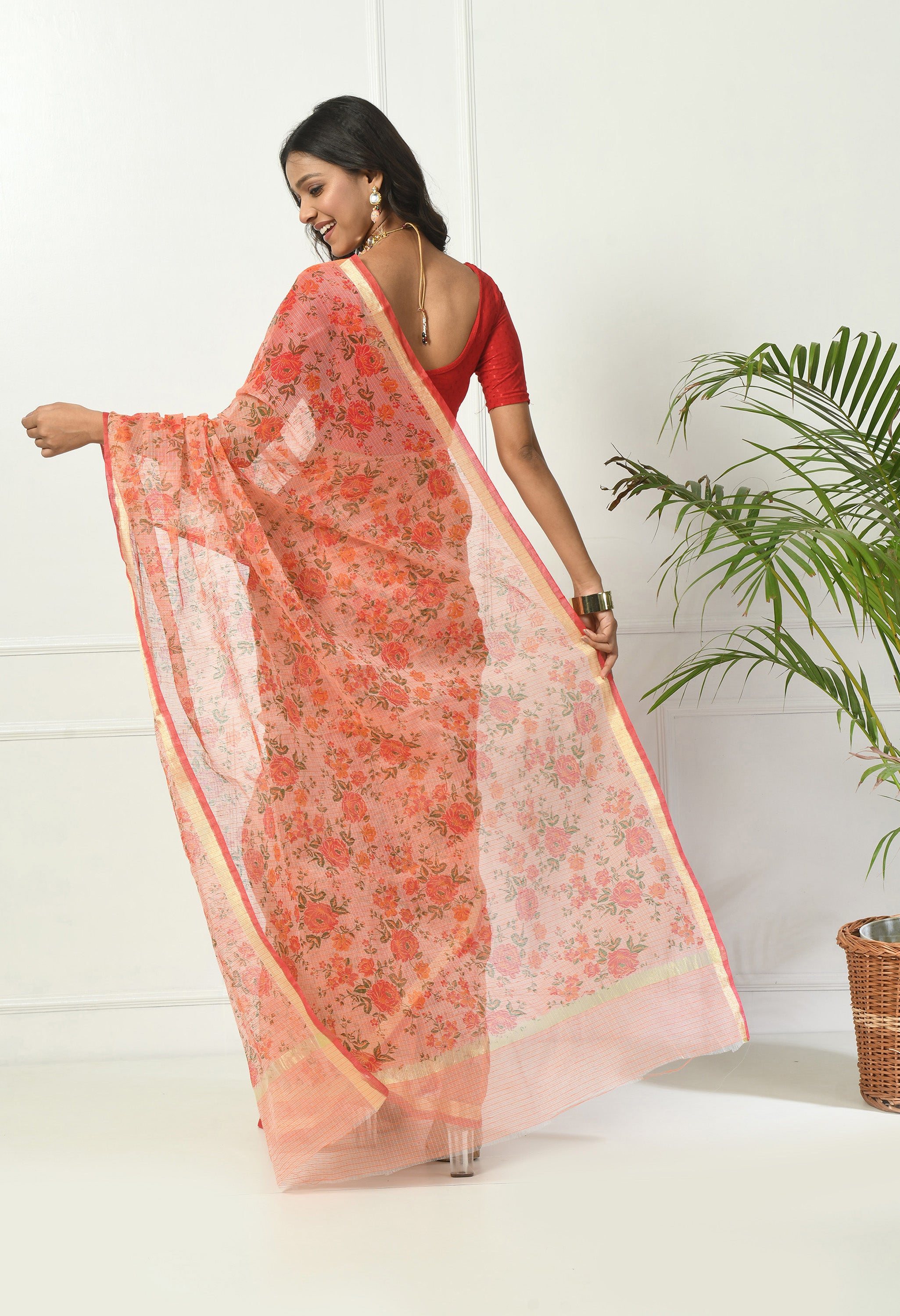 Orange Floral Cotton Saree