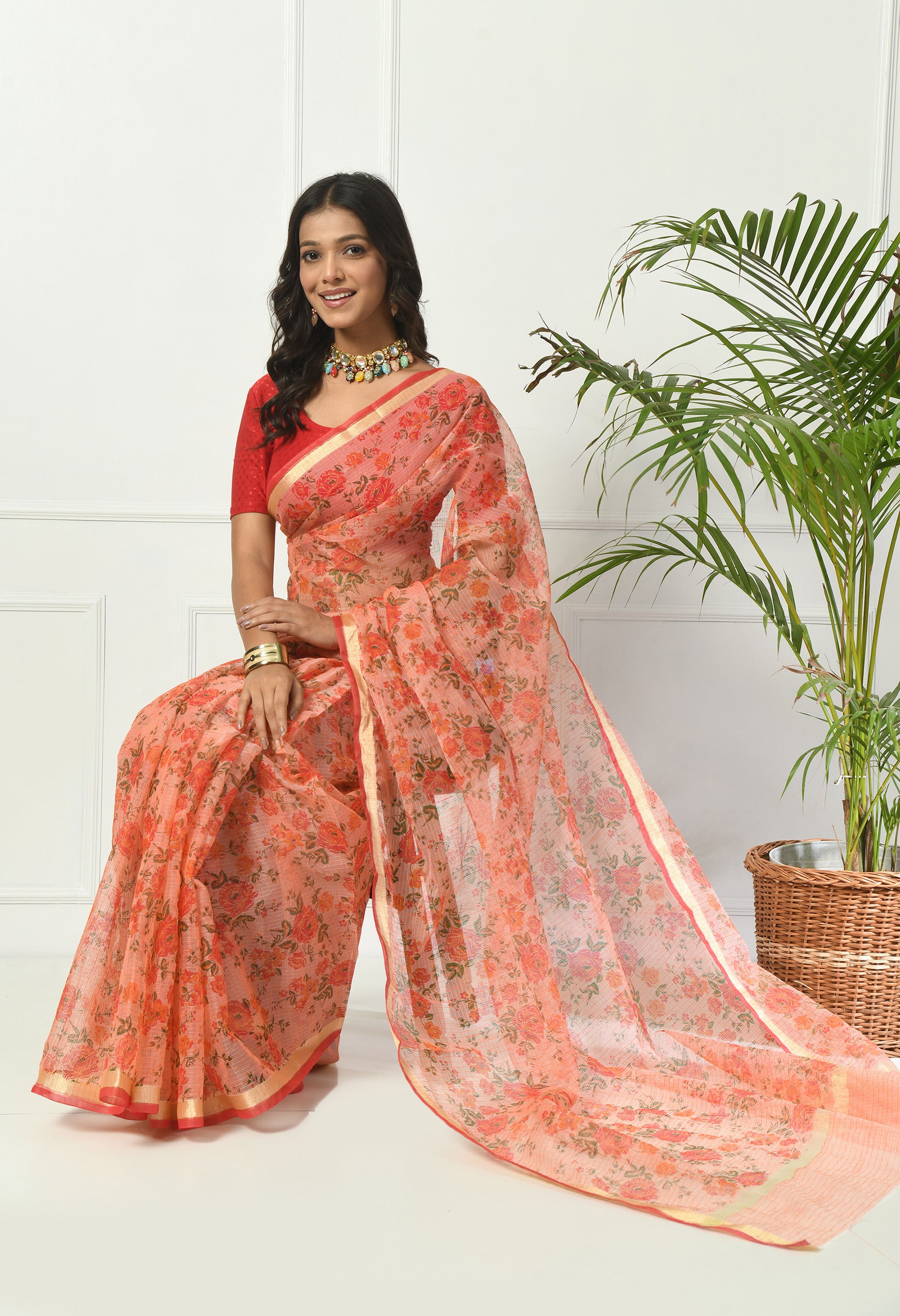 Orange Floral Cotton Saree