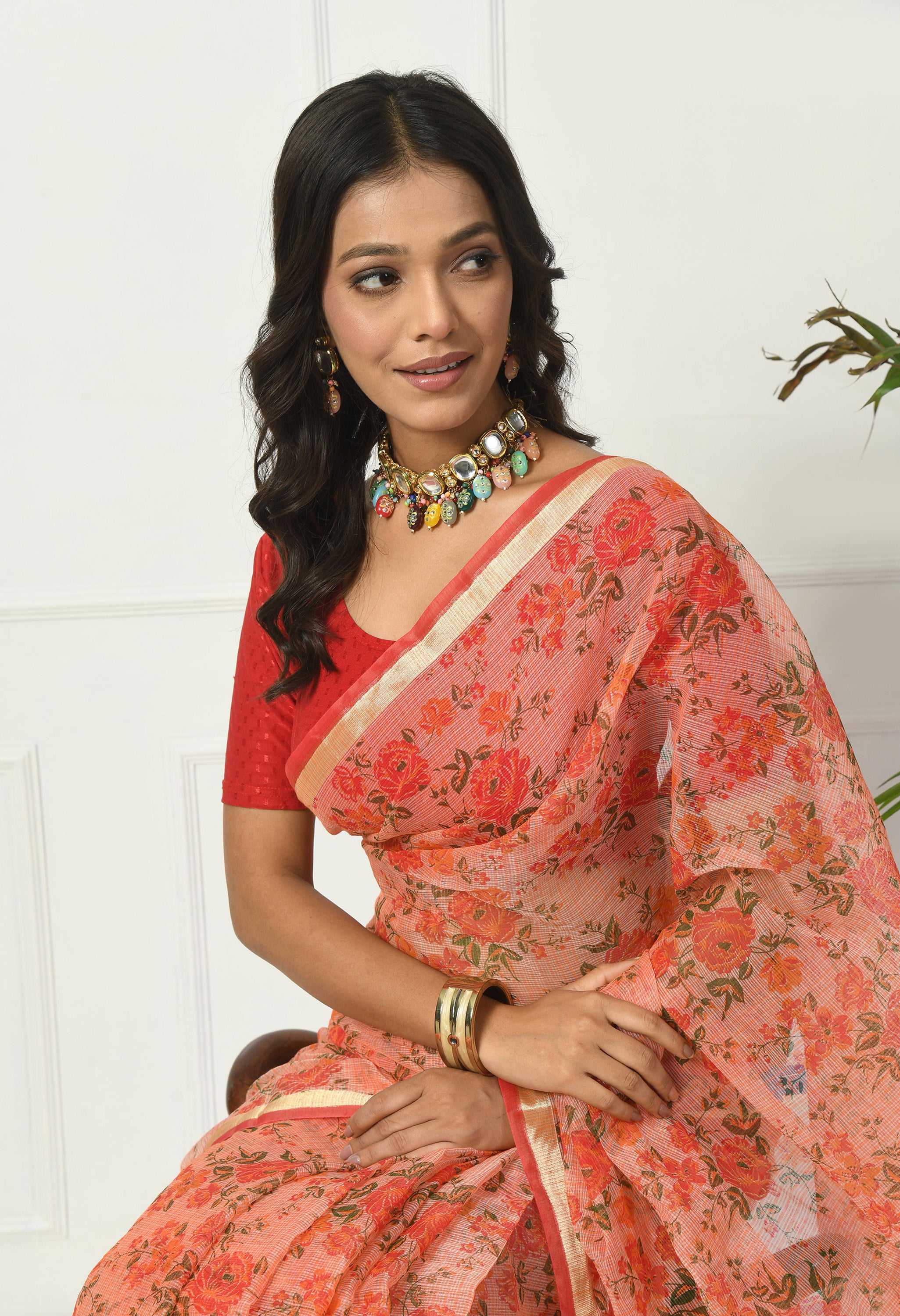 Orange Floral Cotton Saree