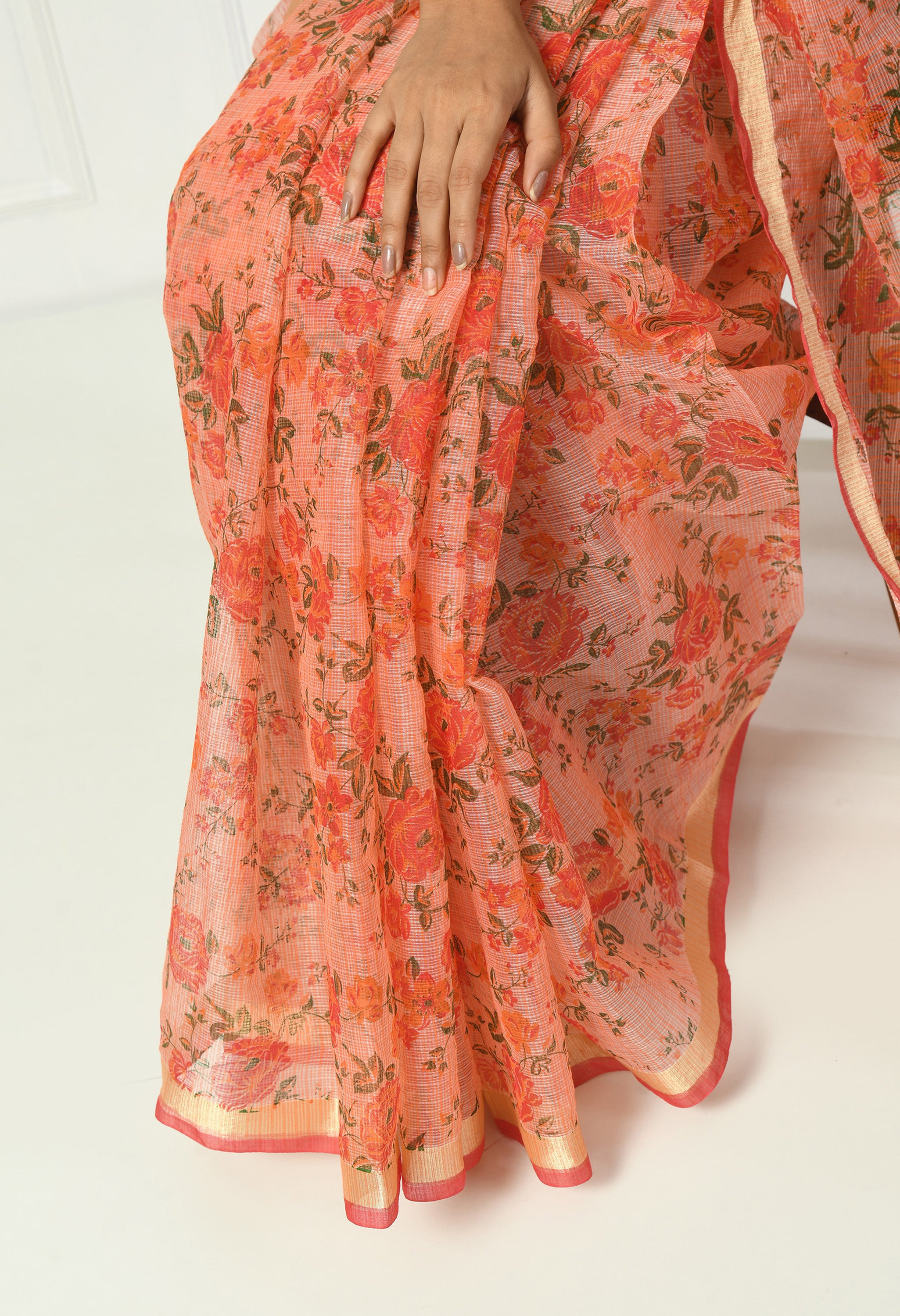 Orange Floral Cotton Saree