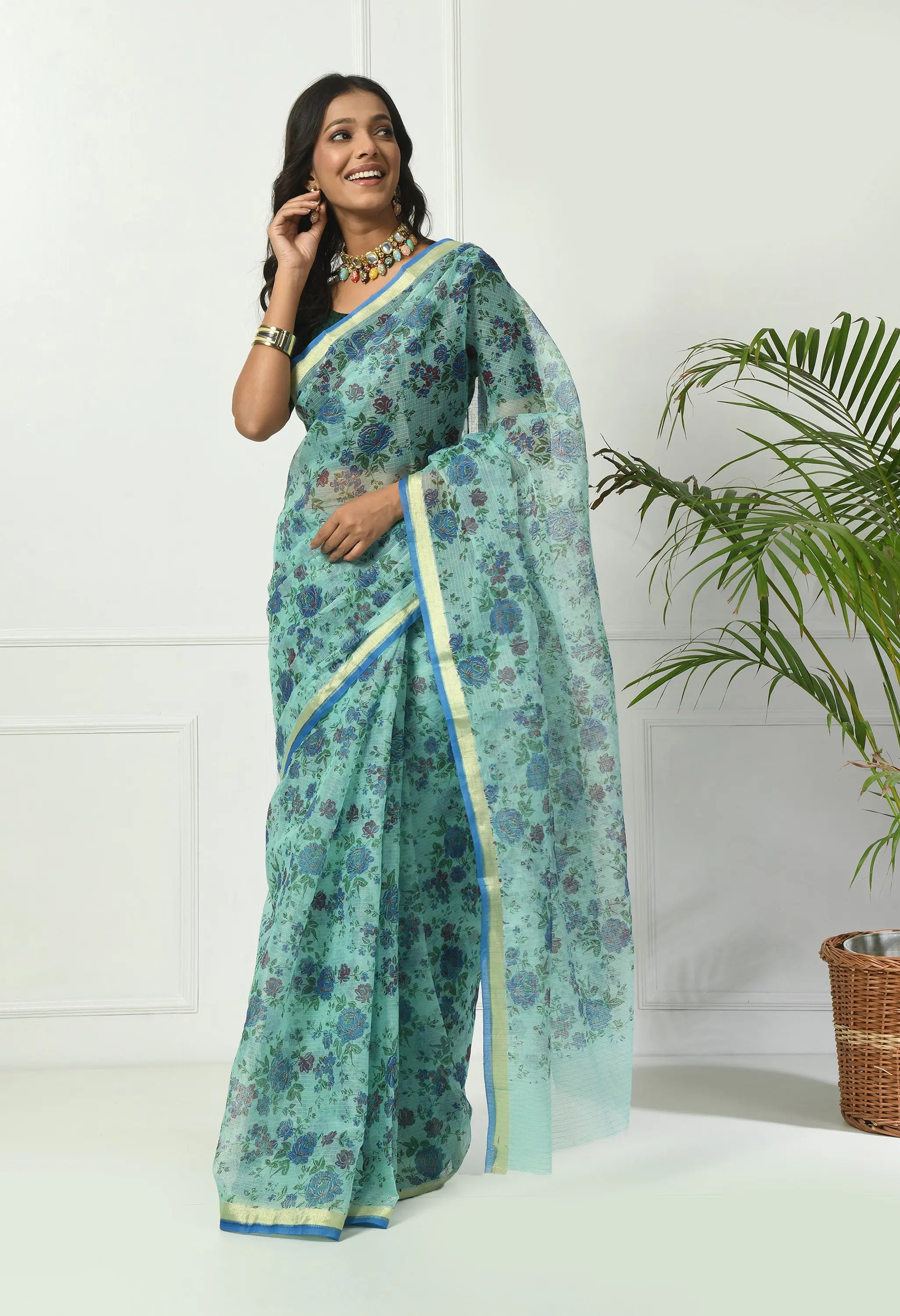 Turquoise Firozi Cotton with Ornate Floral Pattern