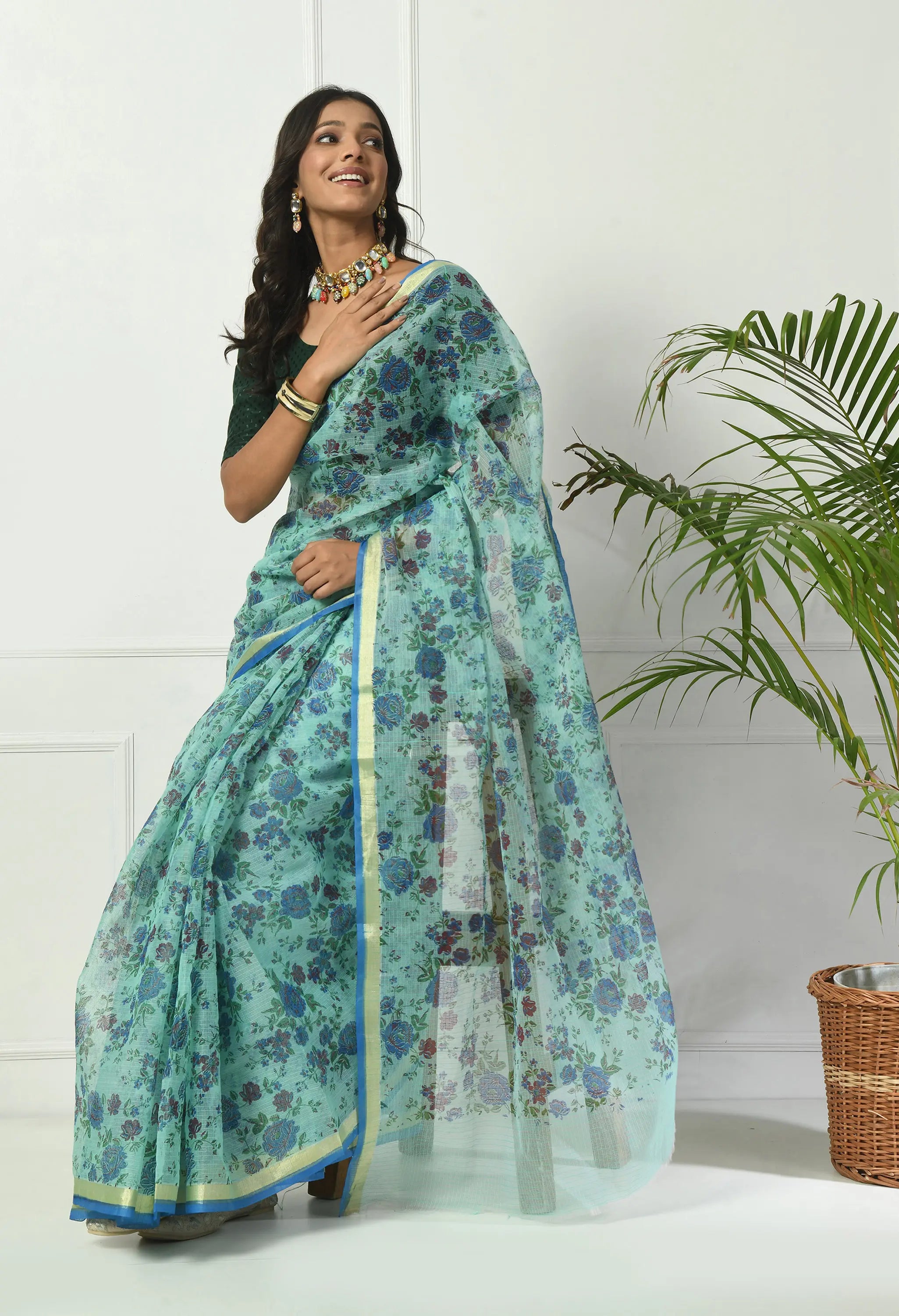 Turquoise Firozi Cotton with Ornate Floral Pattern