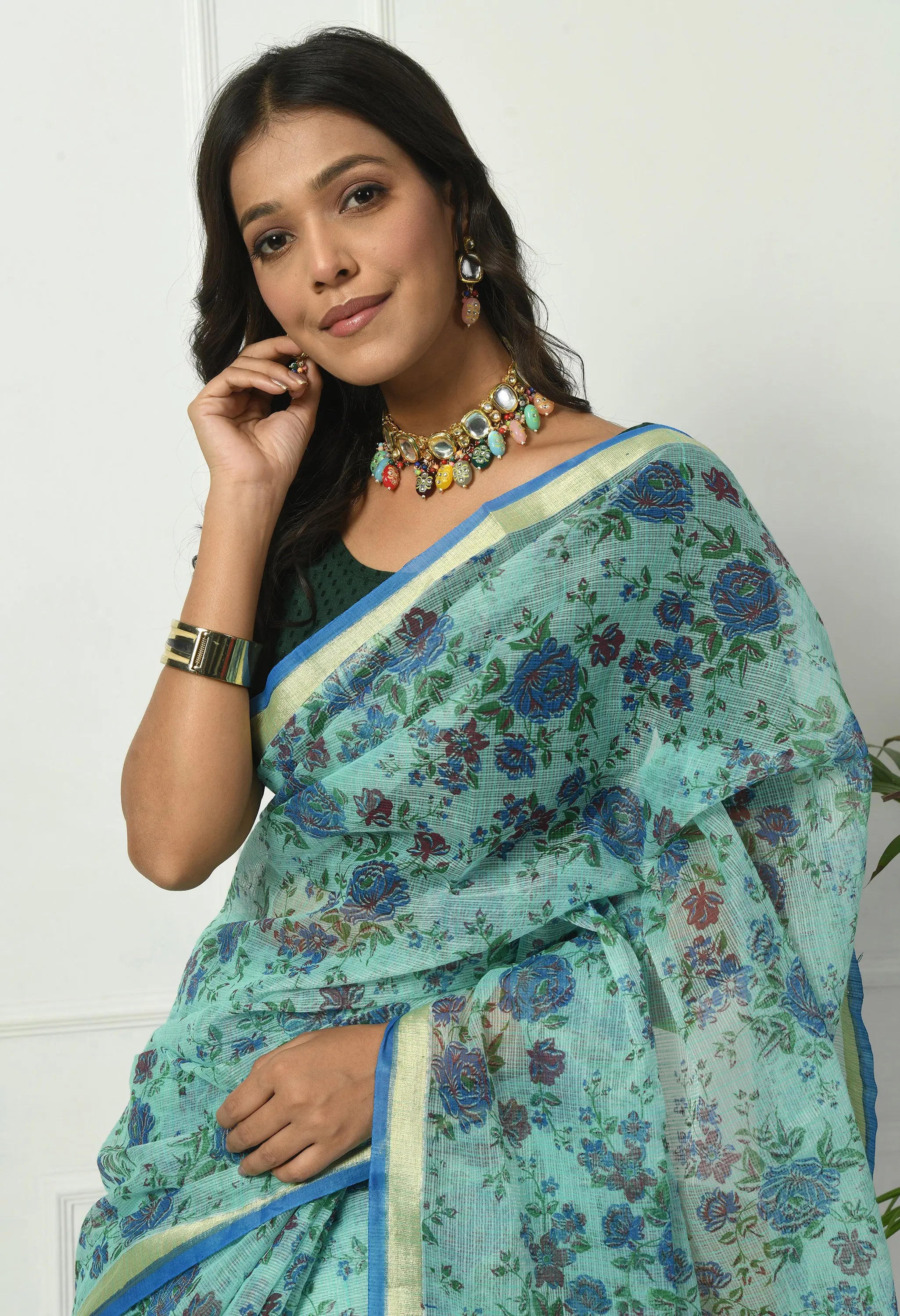 Turquoise Firozi Cotton with Ornate Floral Pattern