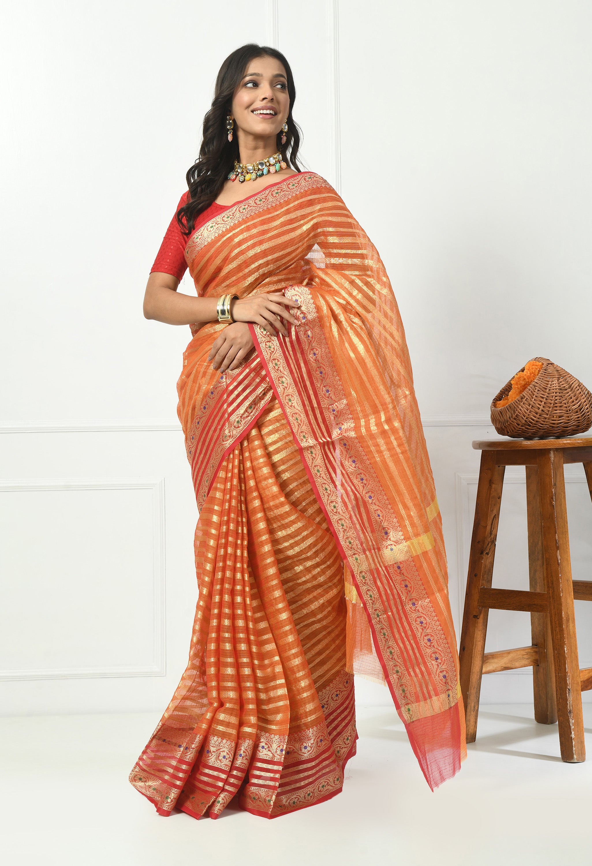 Orange Cotton Saree with Golden Work