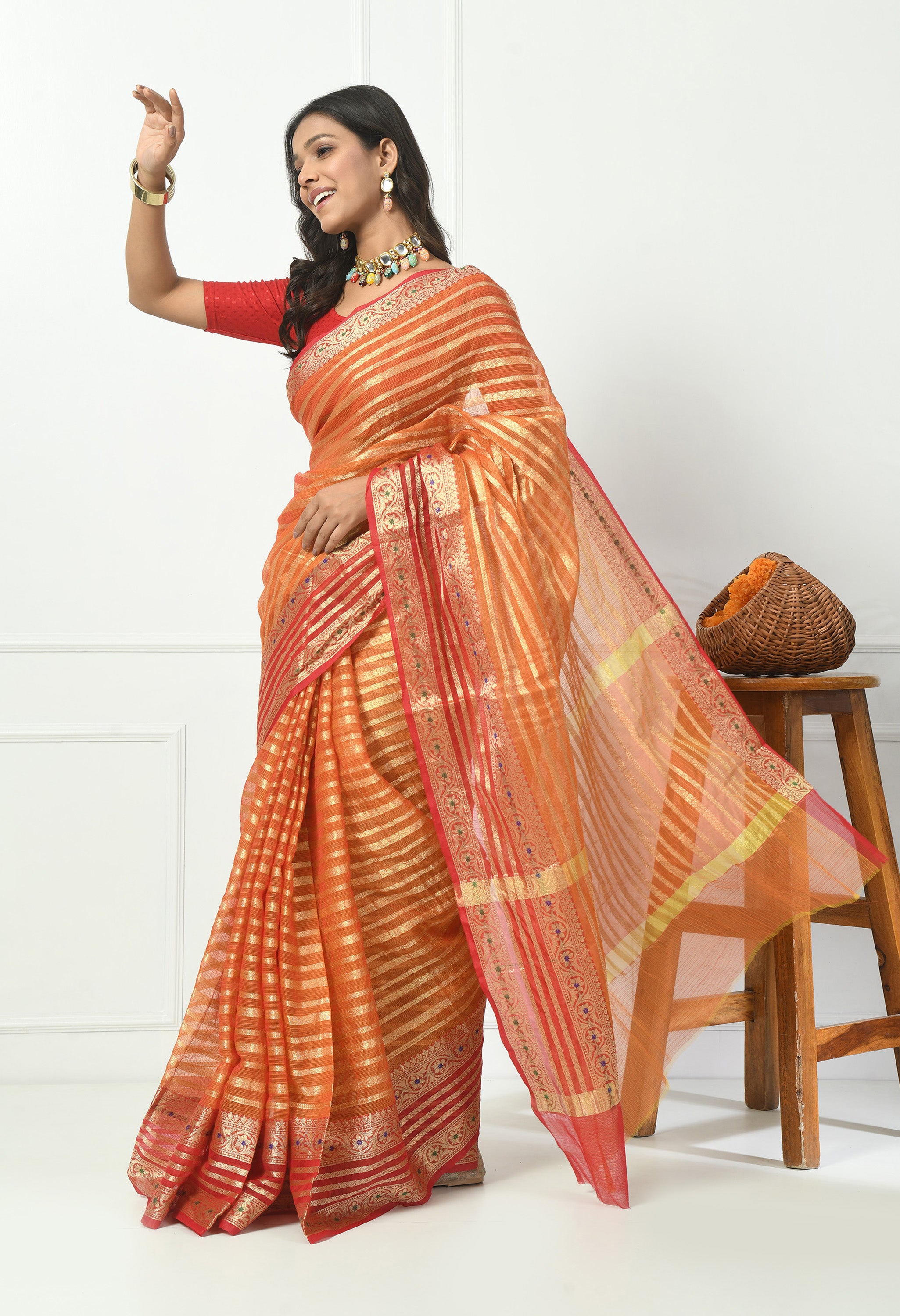 Orange Cotton Saree with Golden Work