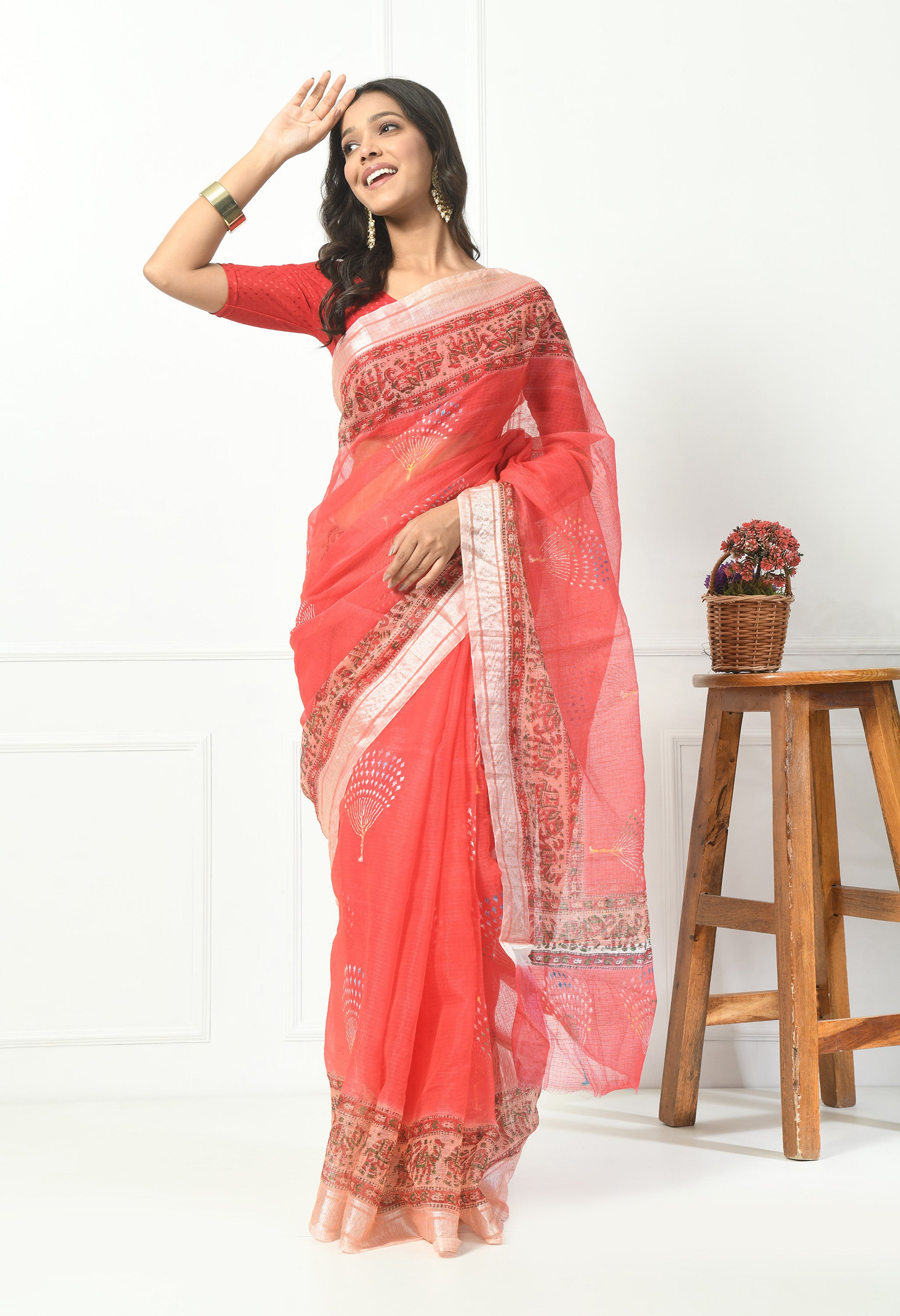 Tomato Red Kota Doria with Border Saree