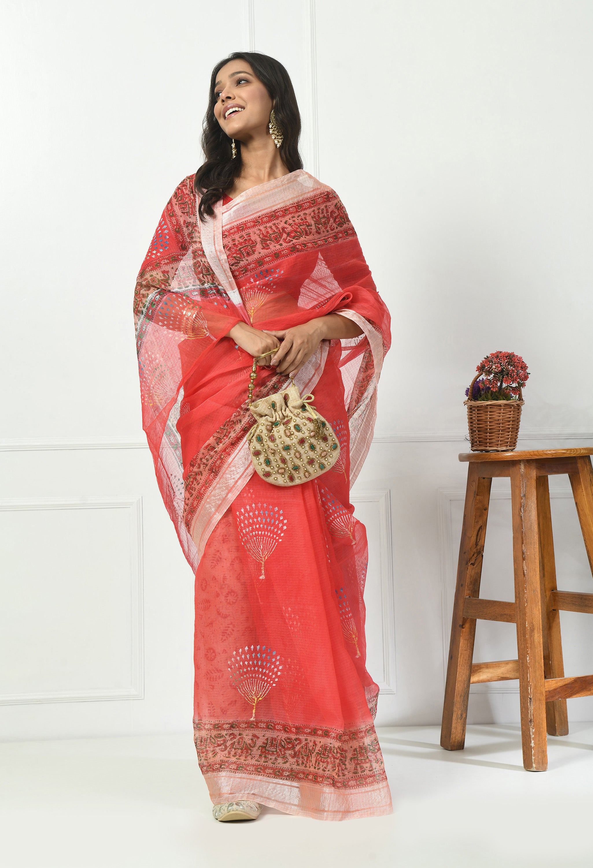 Tomato Red Kota Doria with Border Saree