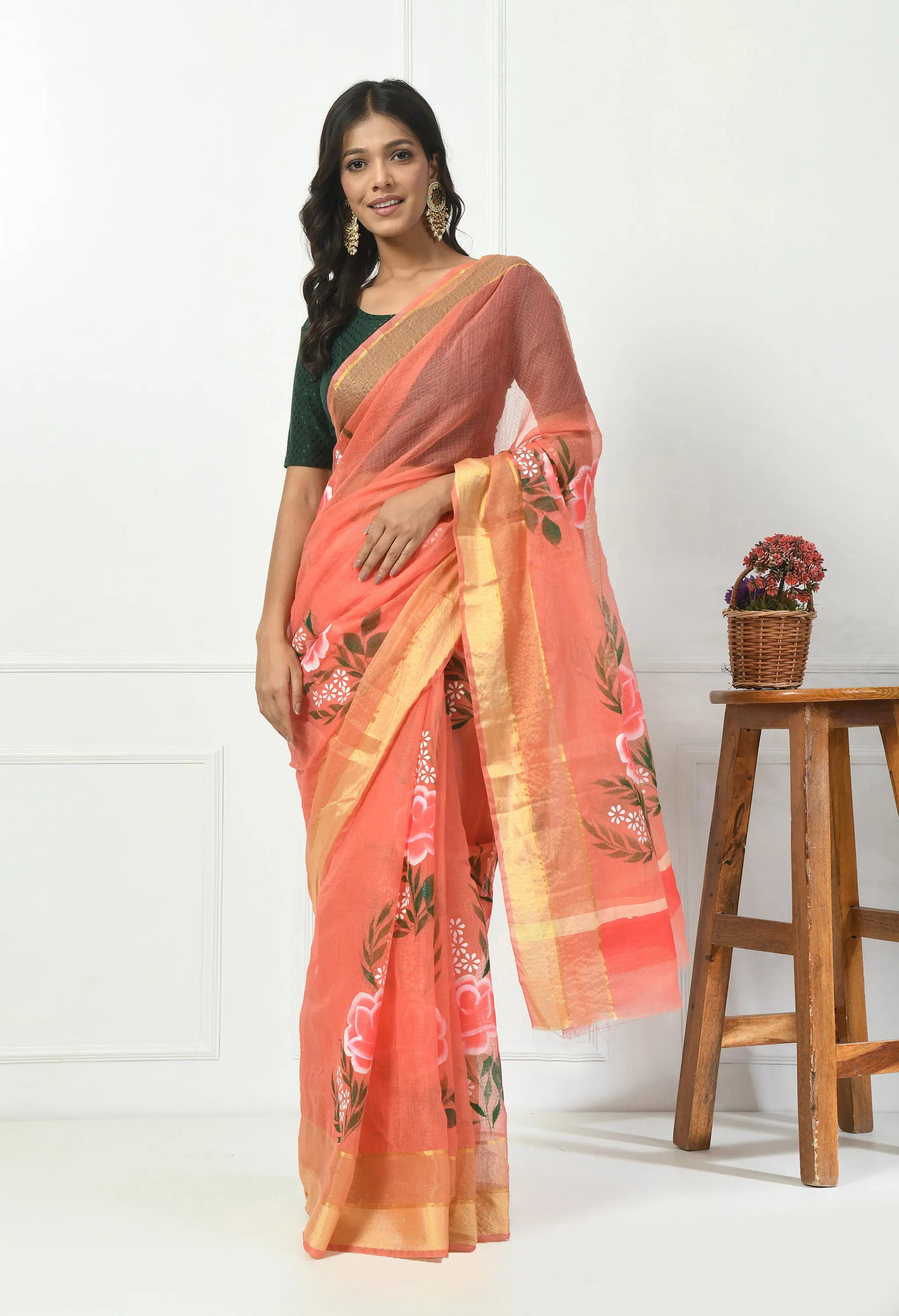 Salmon Pink Kota Doria with Floral Design Saree