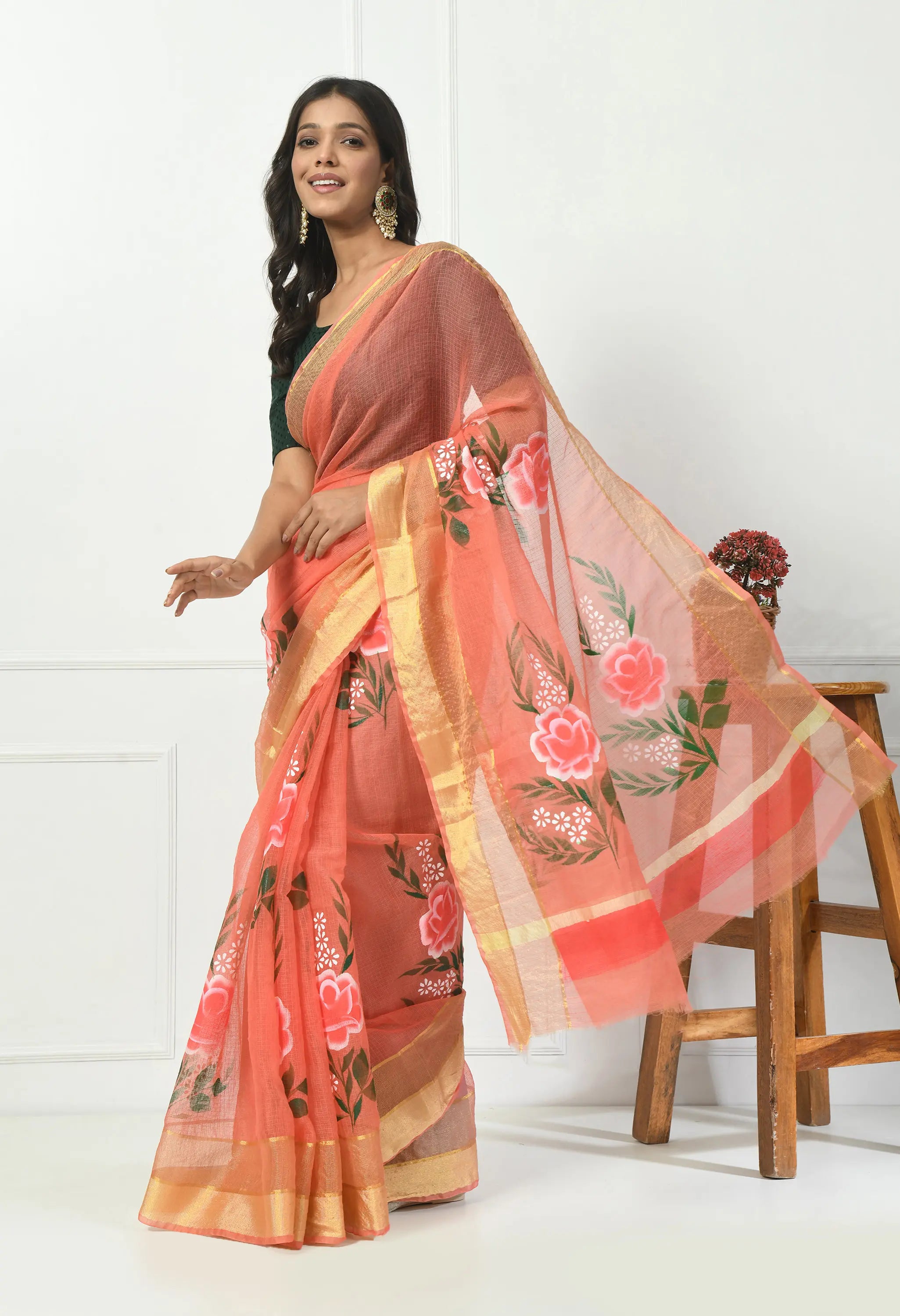 Salmon Pink Kota Doria with Floral Design Saree