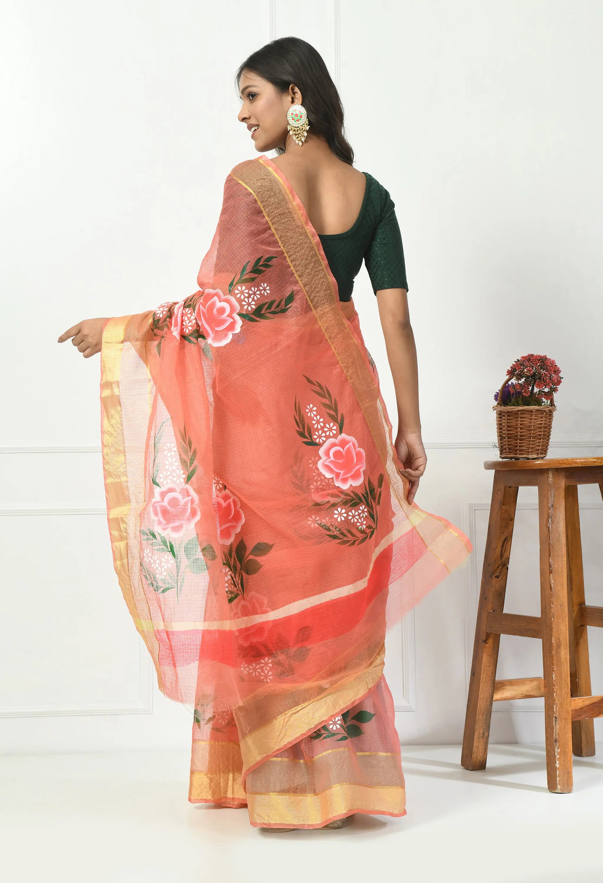 Salmon Pink Kota Doria with Floral Design Saree