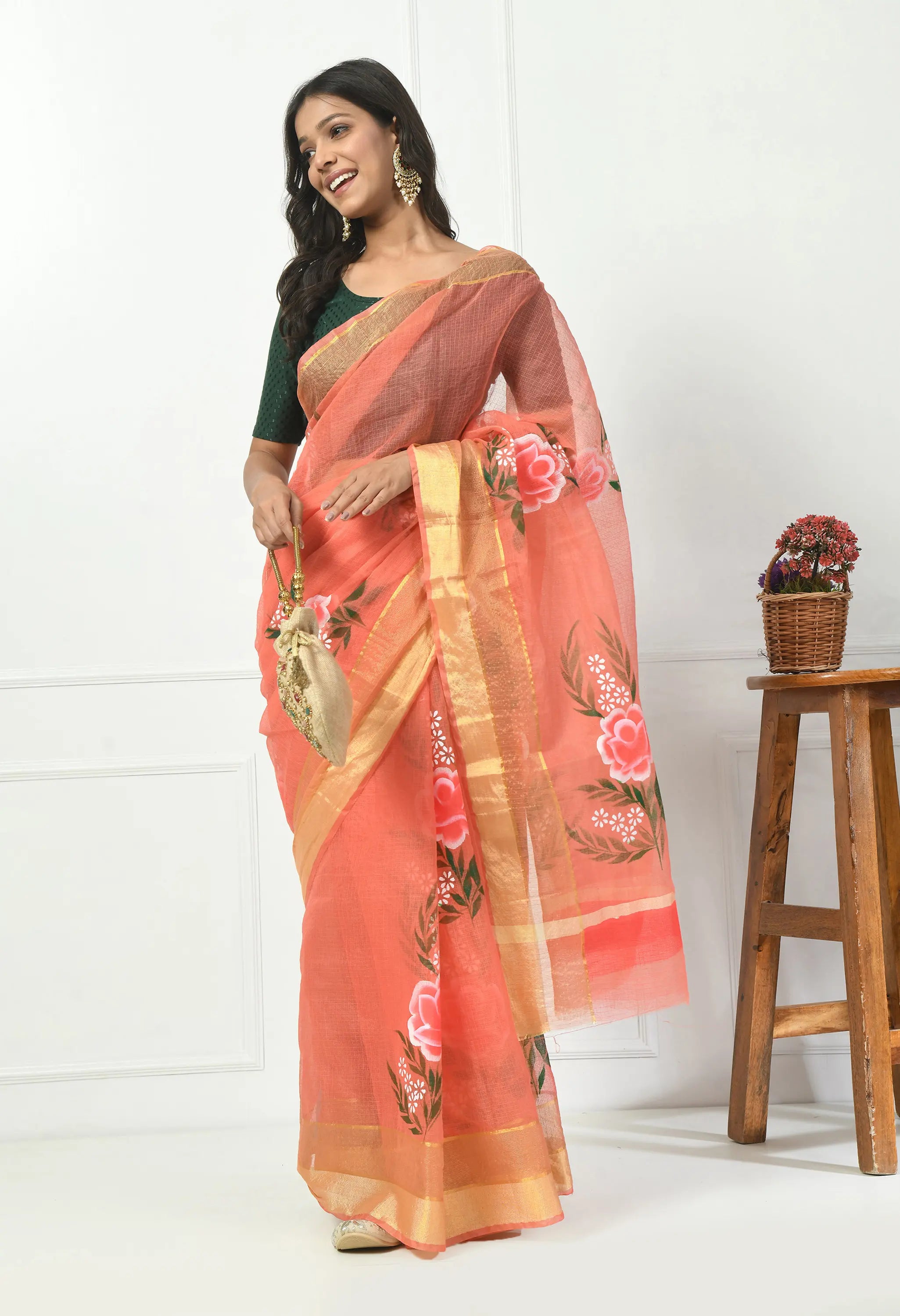 Salmon Pink Kota Doria with Floral Design Saree