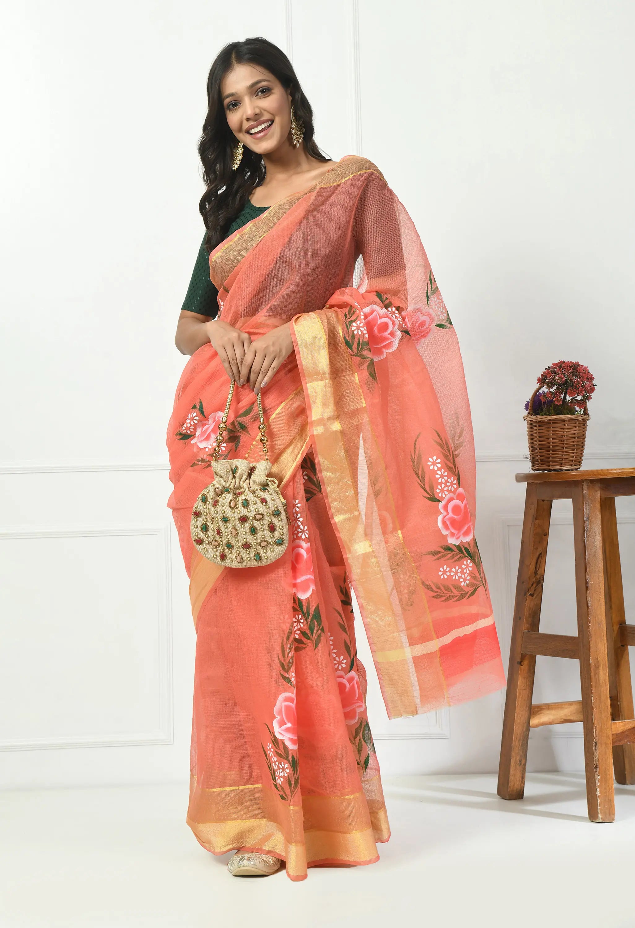 Salmon Pink Kota Doria with Floral Design Saree