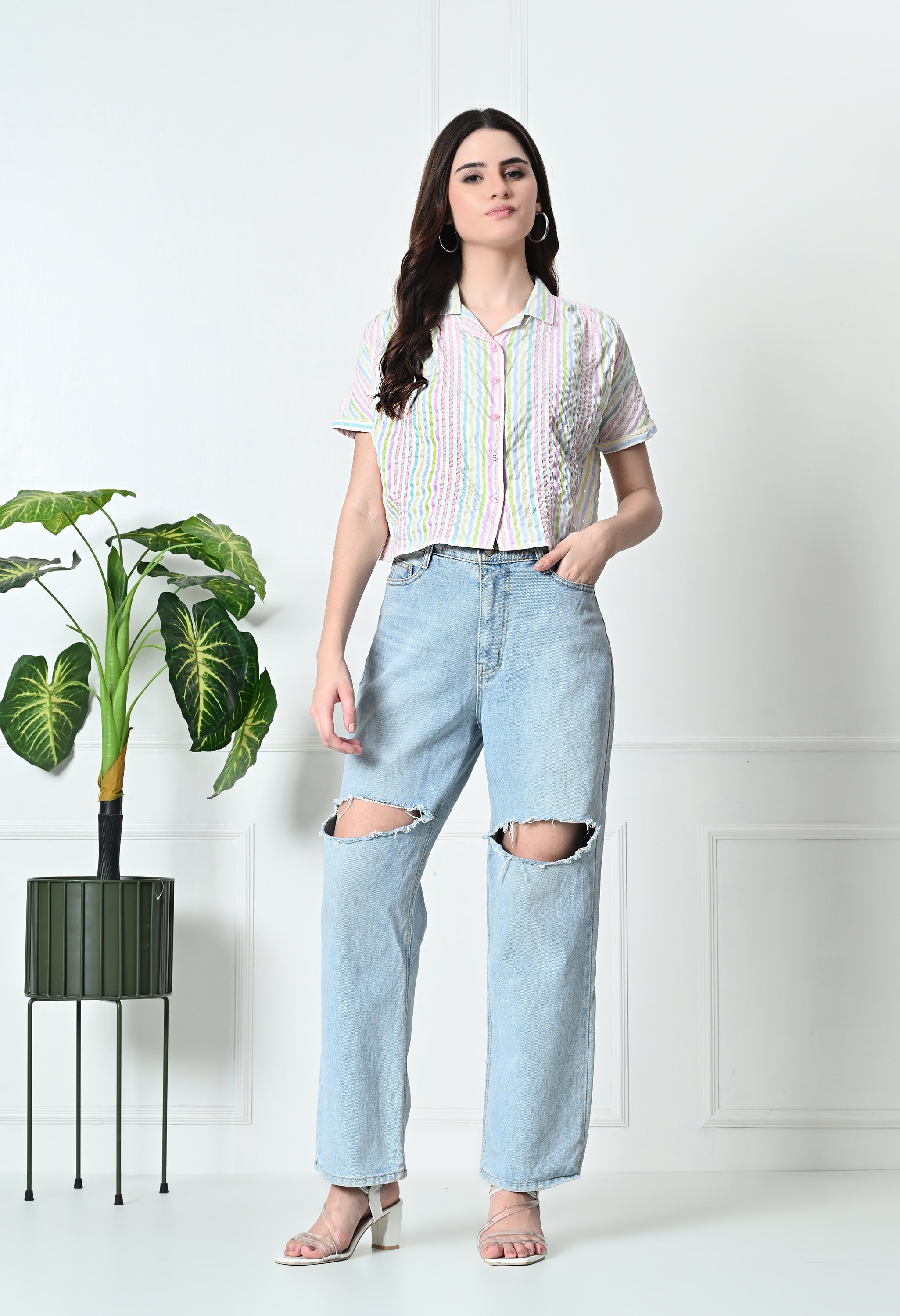 Multi-Color Stripe Cotton Short Shirt