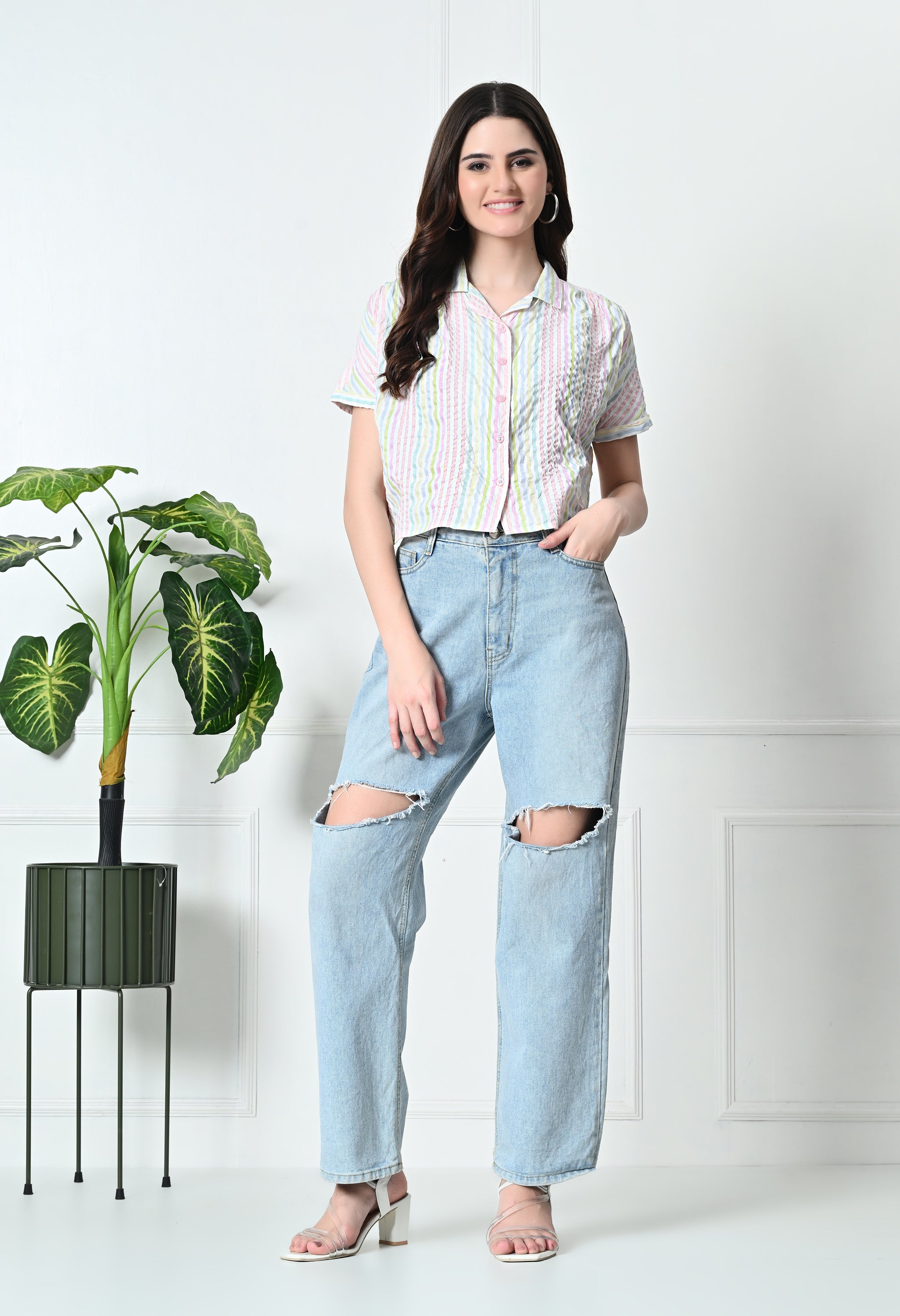 Multi-Color Stripe Cotton Short Shirt