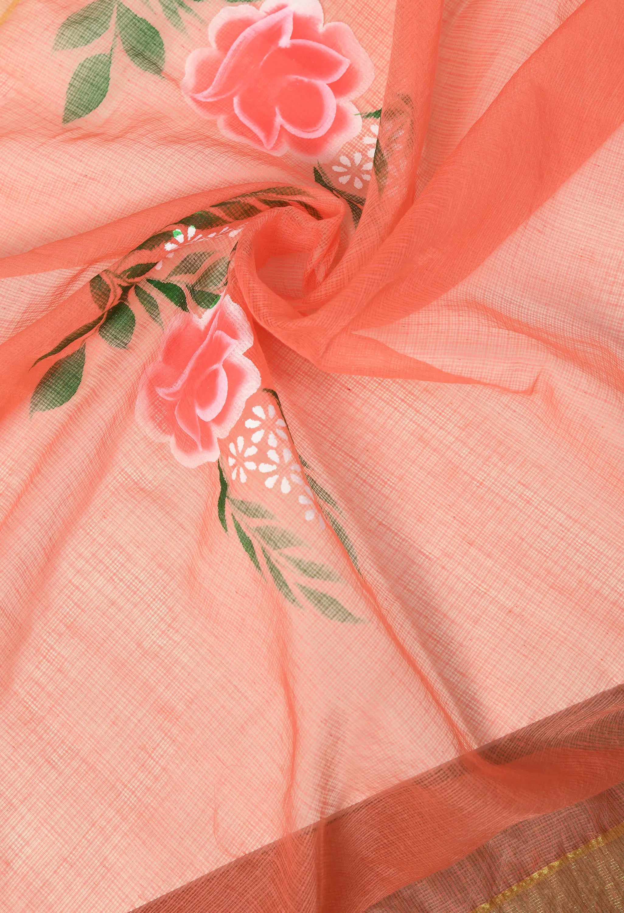 Salmon Pink Kota Doria with Floral Design Saree