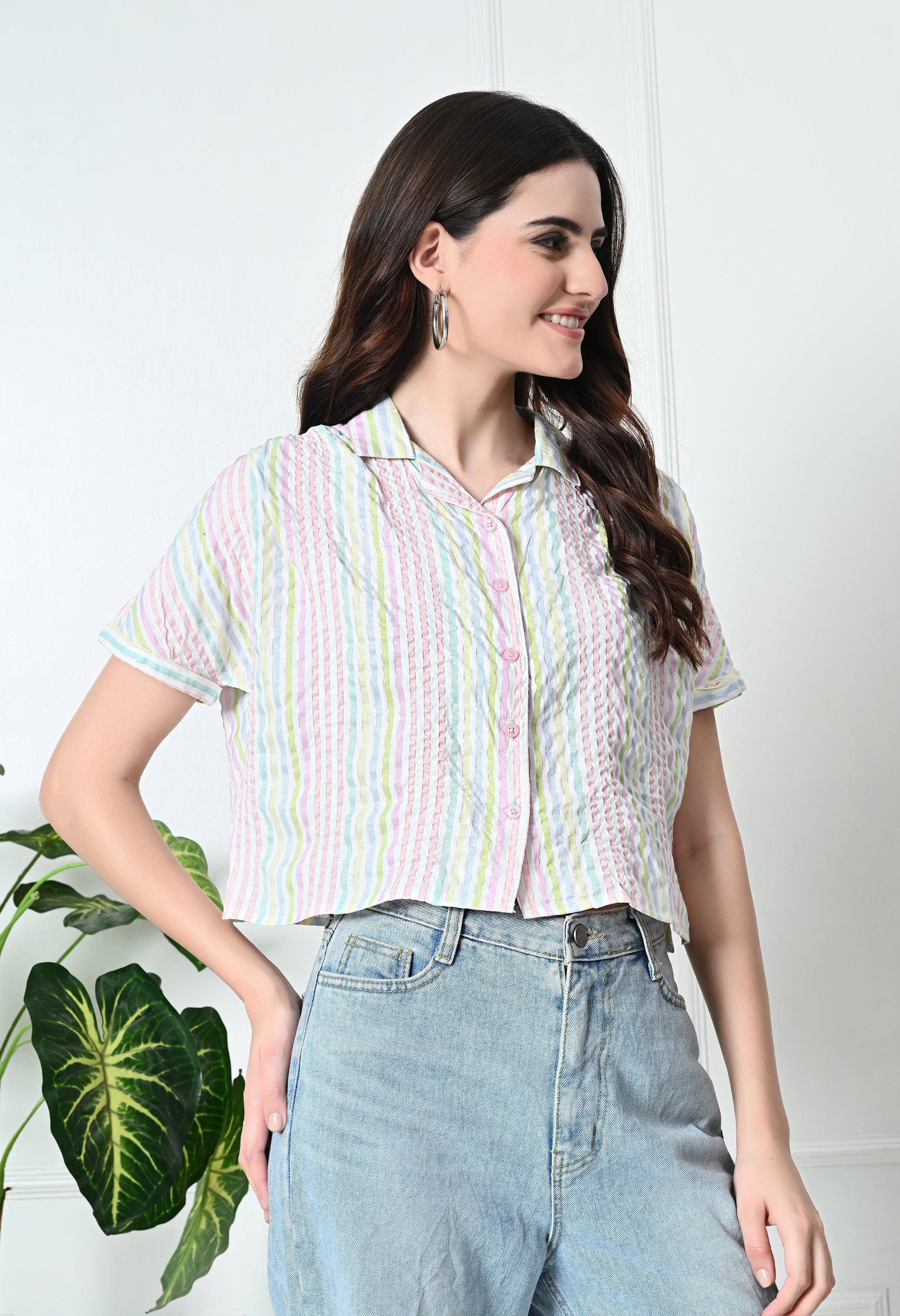 Multi-Color Stripe Cotton Short Shirt