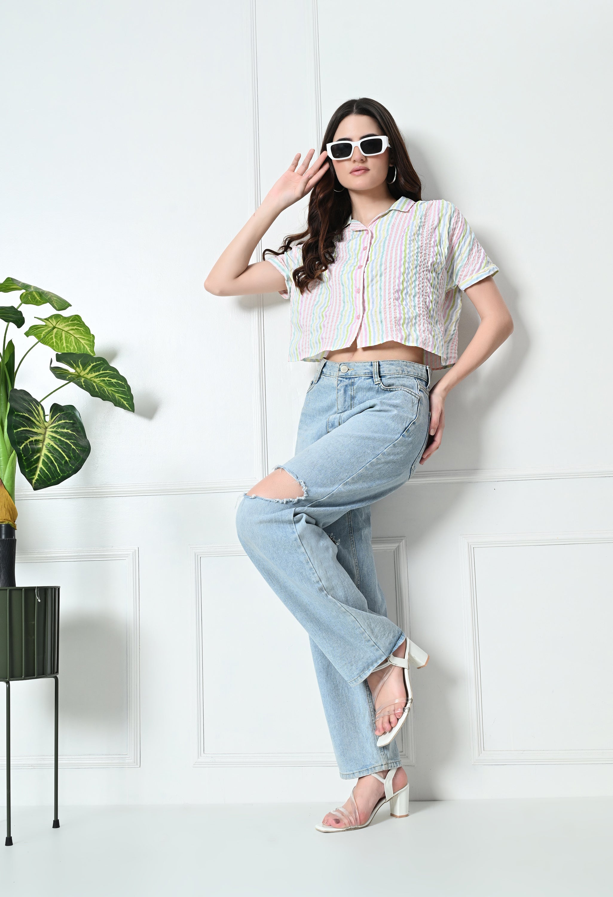 Multi-Color Stripe Cotton Short Shirt