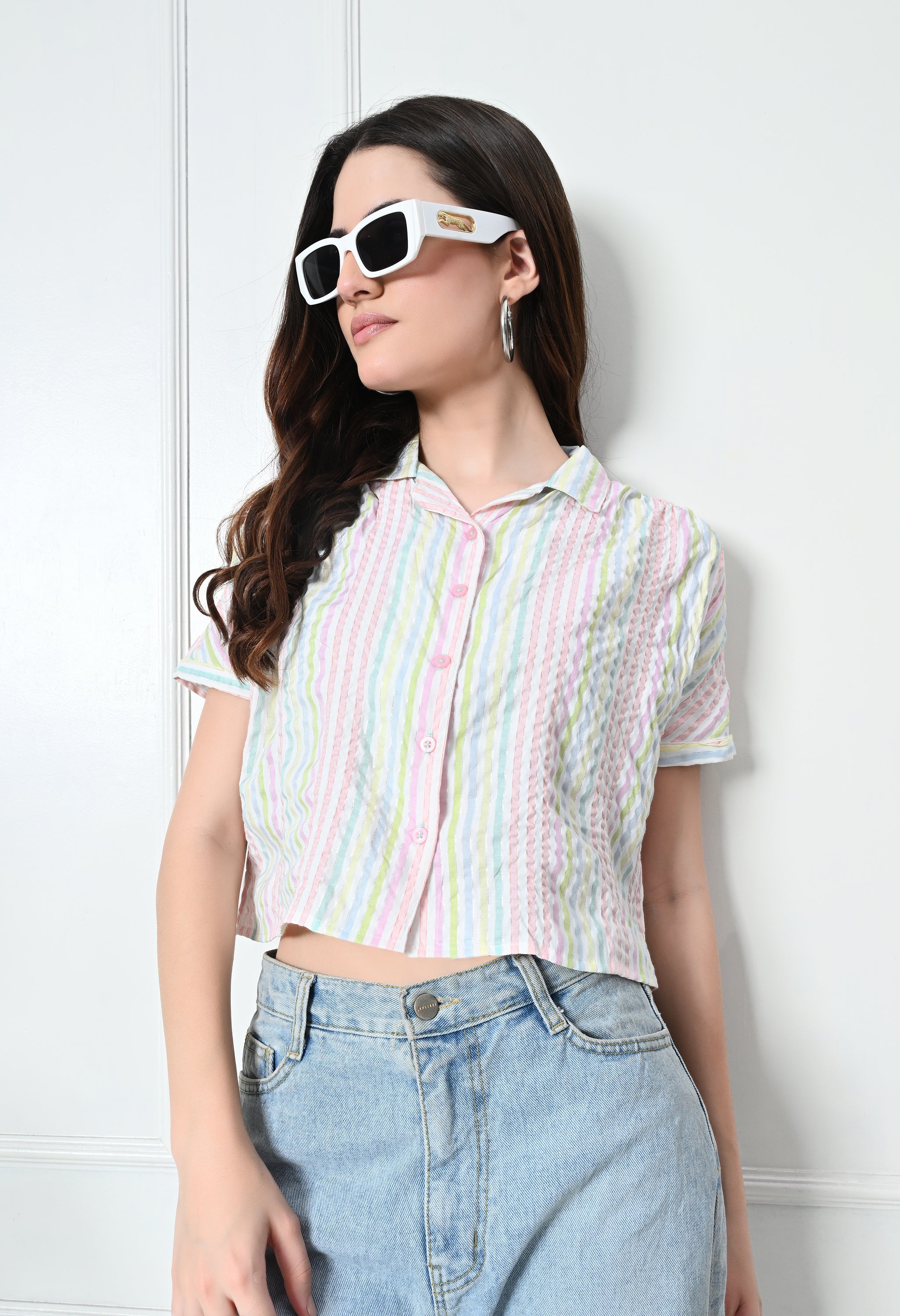 Multi-Color Stripe Cotton Short Shirt