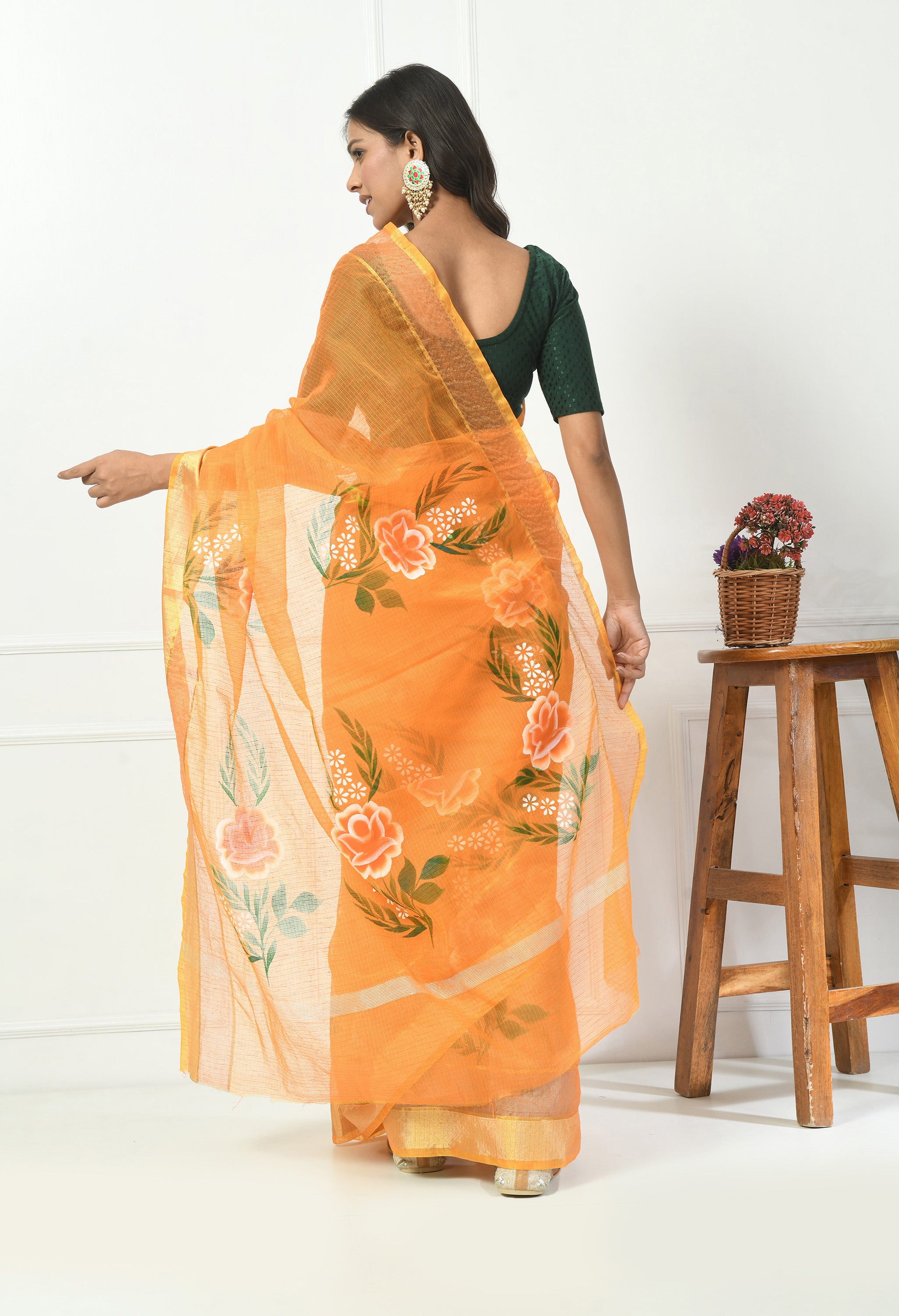 Amber Orange Cotton with Hand Painted Floral Design