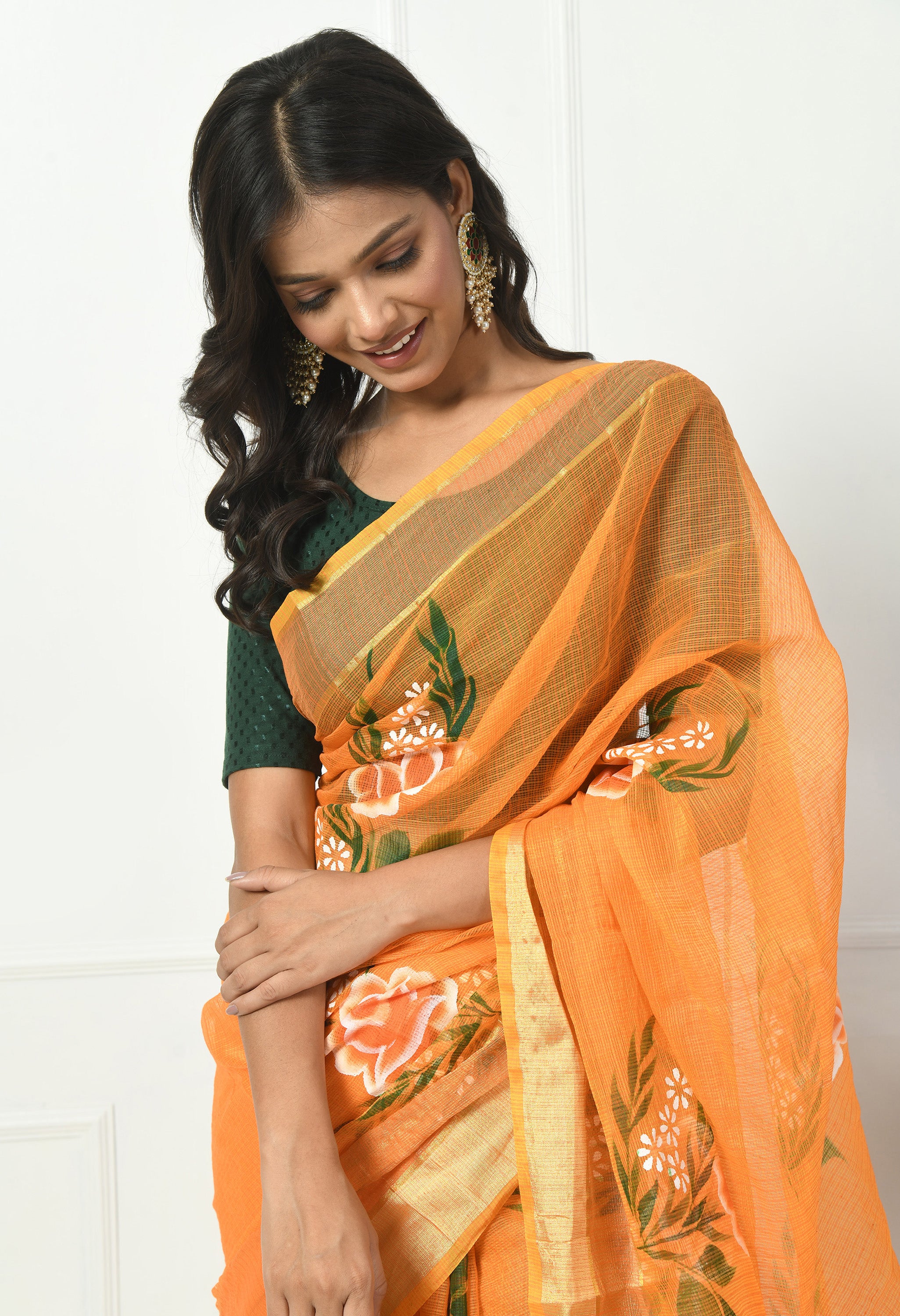 Amber Orange Cotton with Hand Painted Floral Design