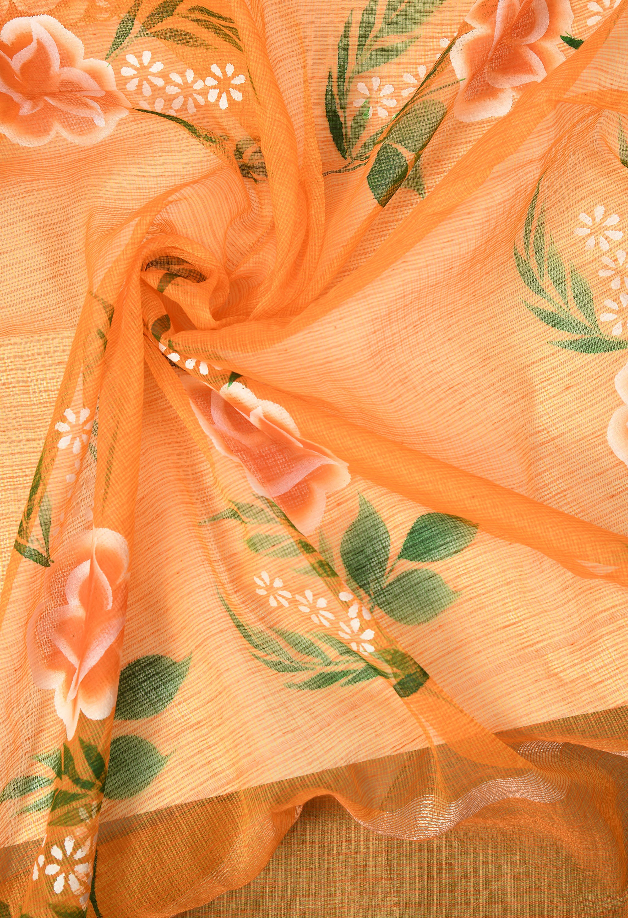 Amber Orange Cotton with Hand Painted Floral Design