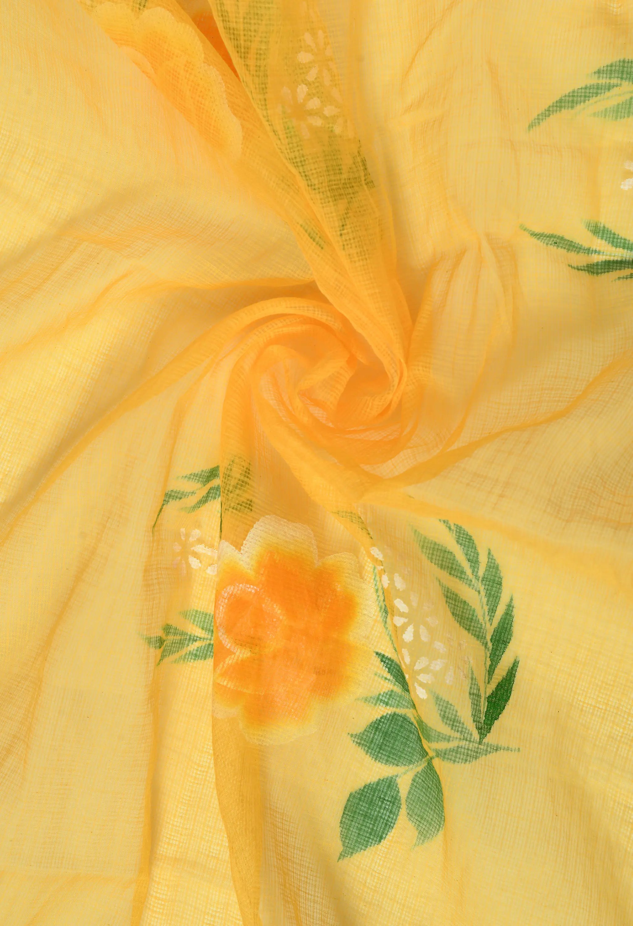 Lime Yellow Cotton with Hand Painted Floral Design