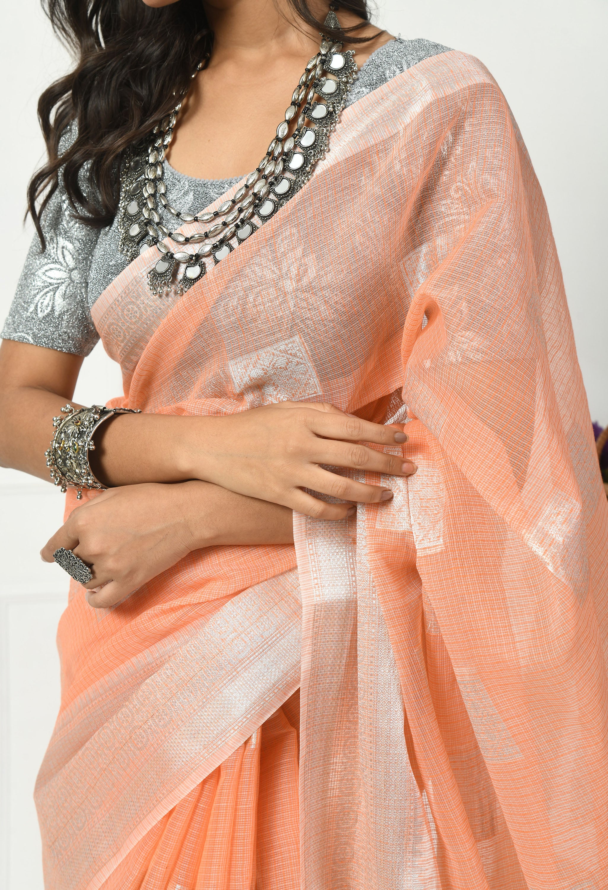 Peach Kota Doria with Silver Border Saree