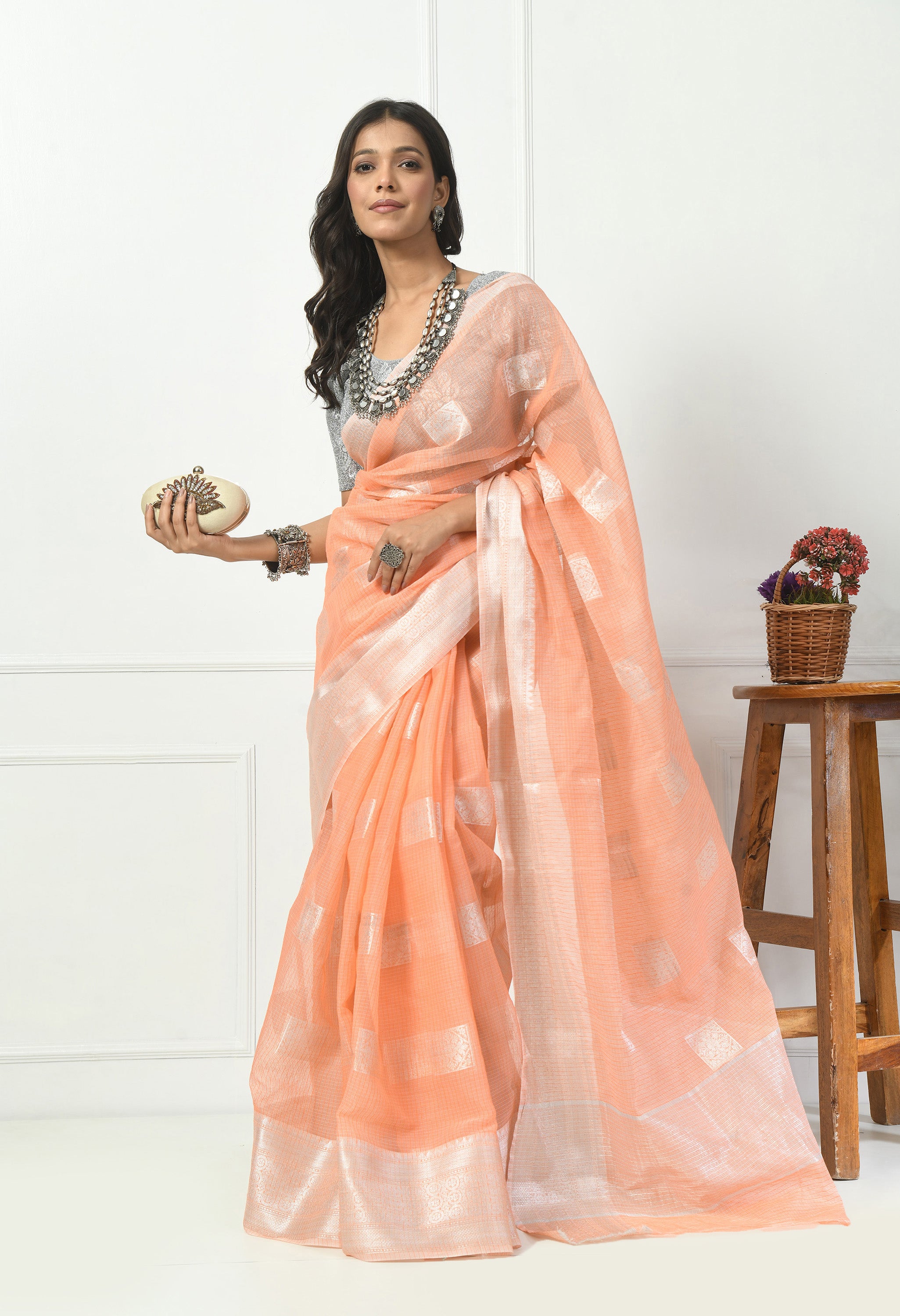 Peach Kota Doria with Silver Border Saree