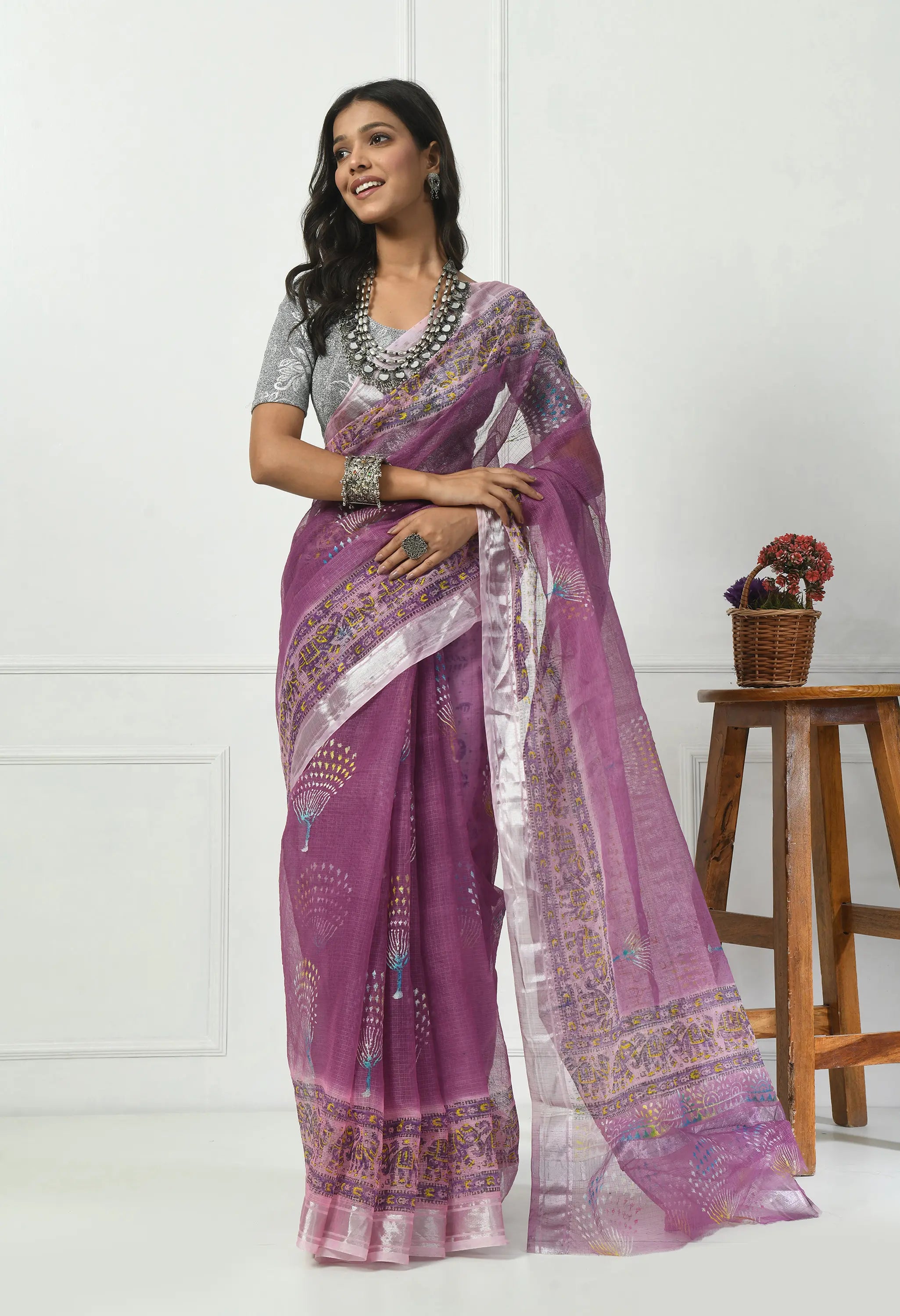 Lavender Kota Doria with Silver Border Saree